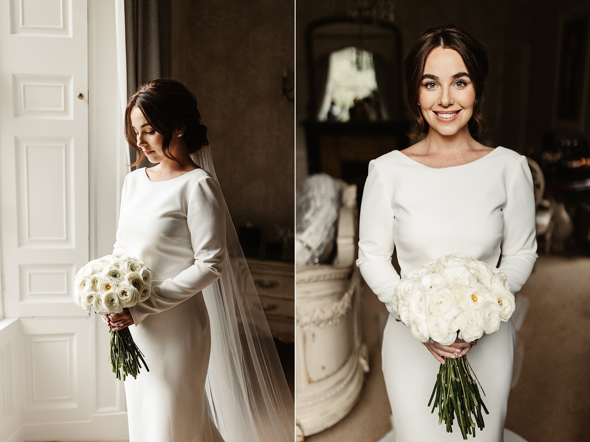 bride portrait drumtochty castle hays flowers white rose bouquet Vagabond Bridal