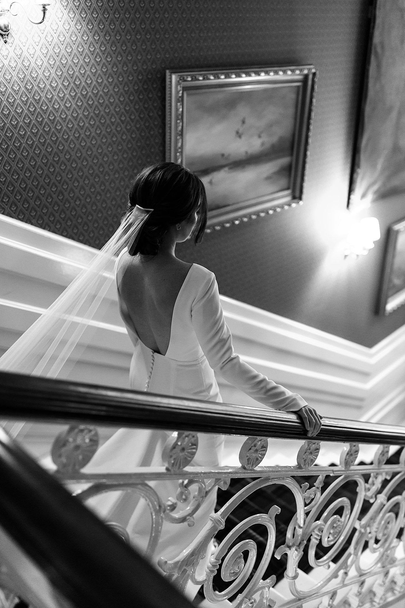 bride drumtochty castle stairs Vagabond Bridal wedding dress