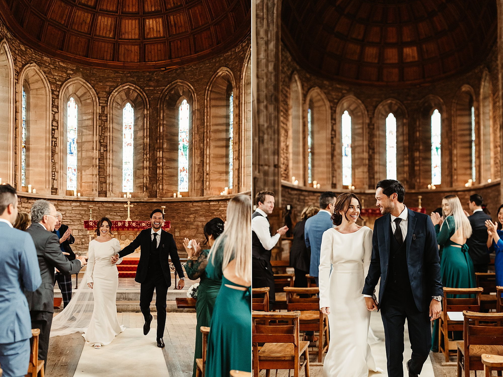 bride and groom wedding ceremony drumtochty castle inside St Palladius church exit