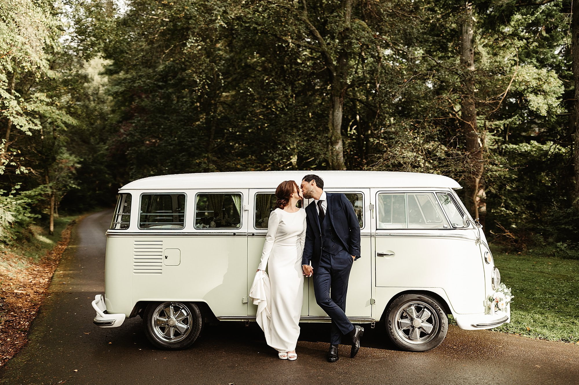 bride and groom photos couple portraits vagabond bridal wedding dress Indochino suit groom bride deeside campers VW van