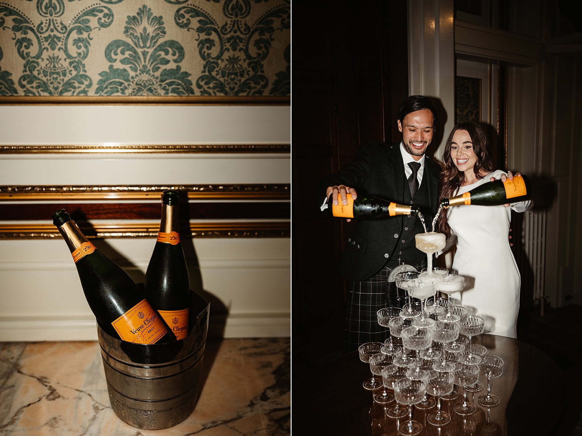 drumtochty castle bride and groom champagne tower veuve clicquot yellow label