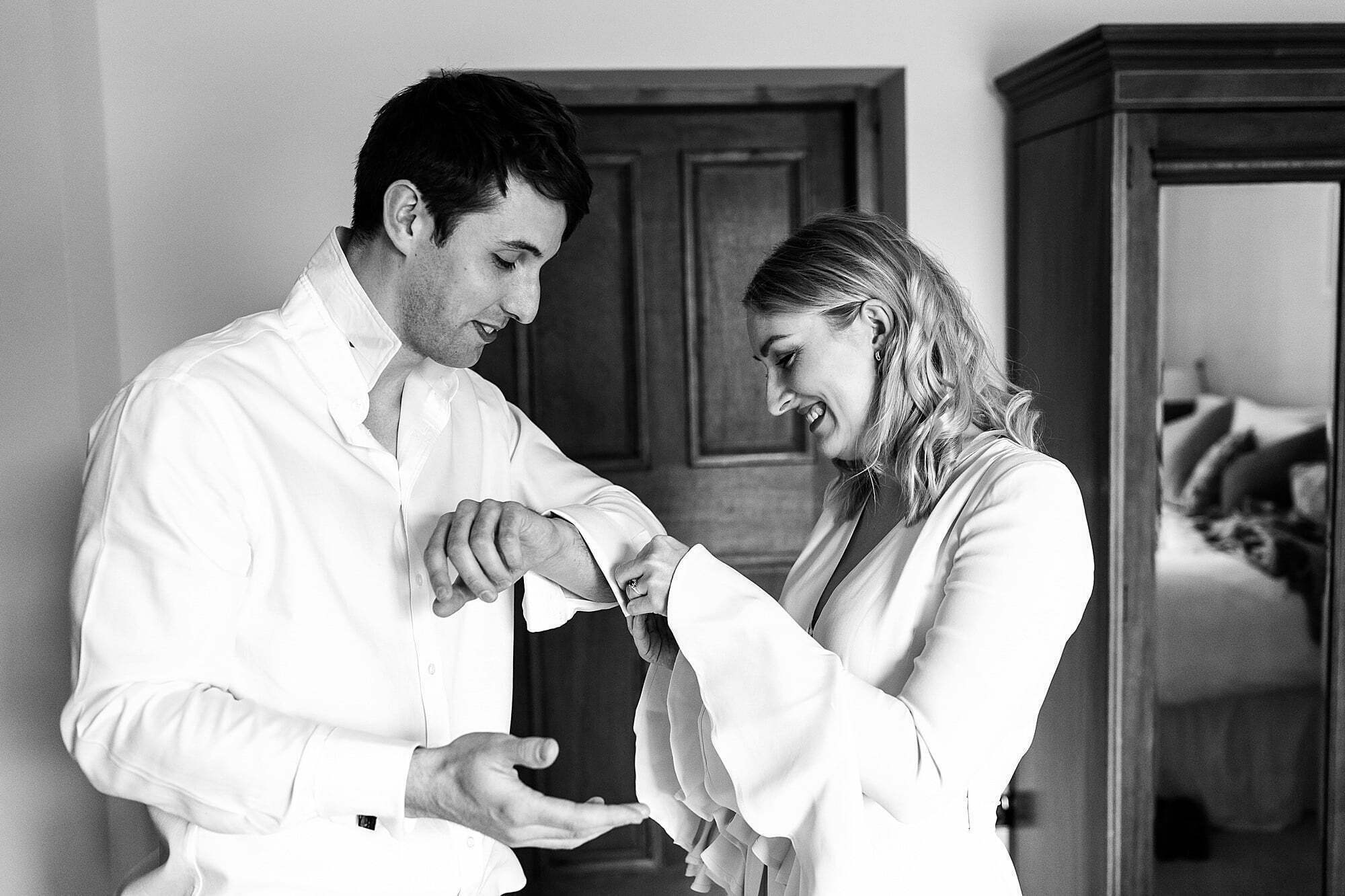 bride and groom getting ready together elopement