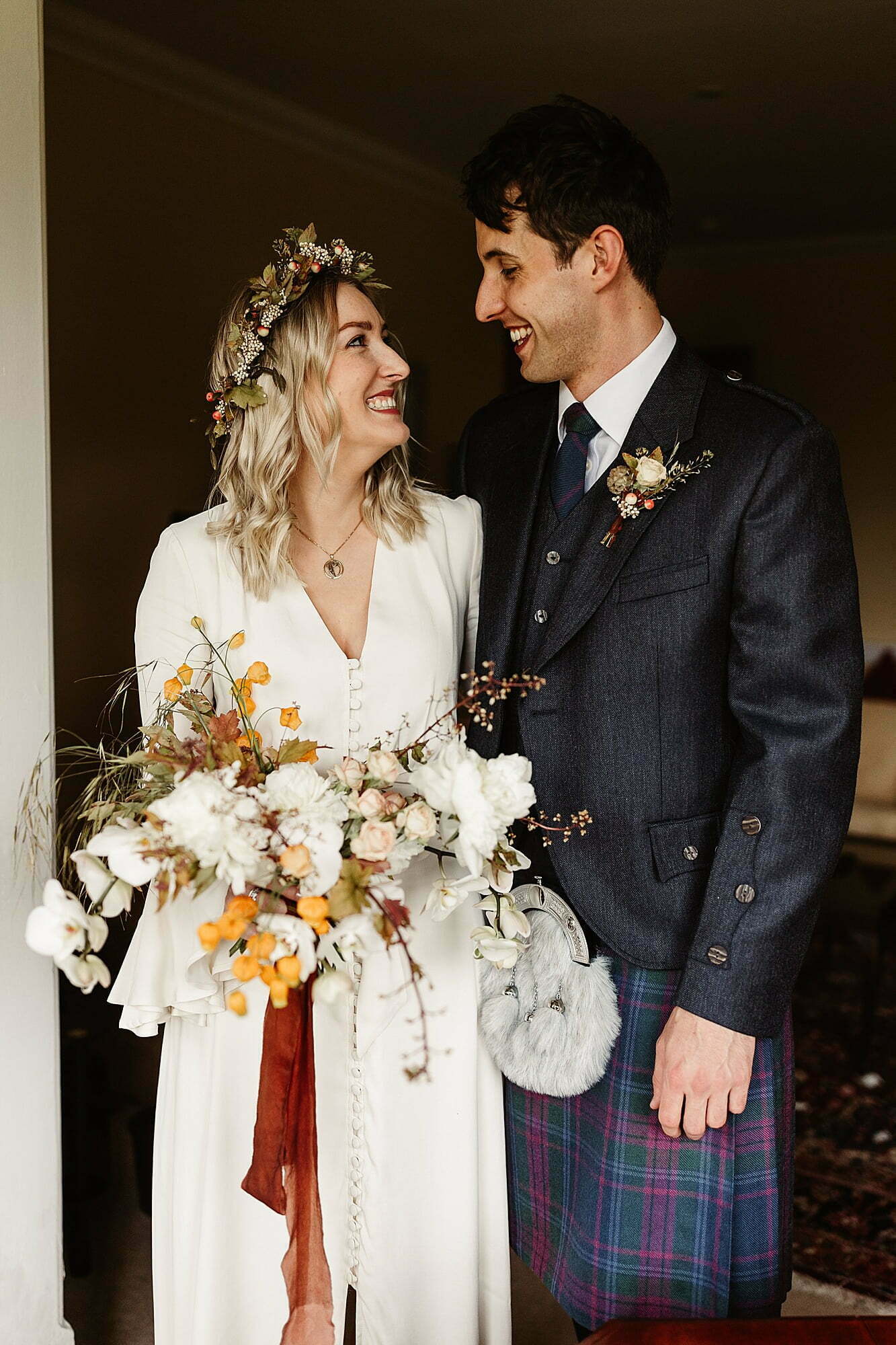 bride and groom monsoon wedding dress wild flower workshop flowers bouquet macgregor and macduff kilt
