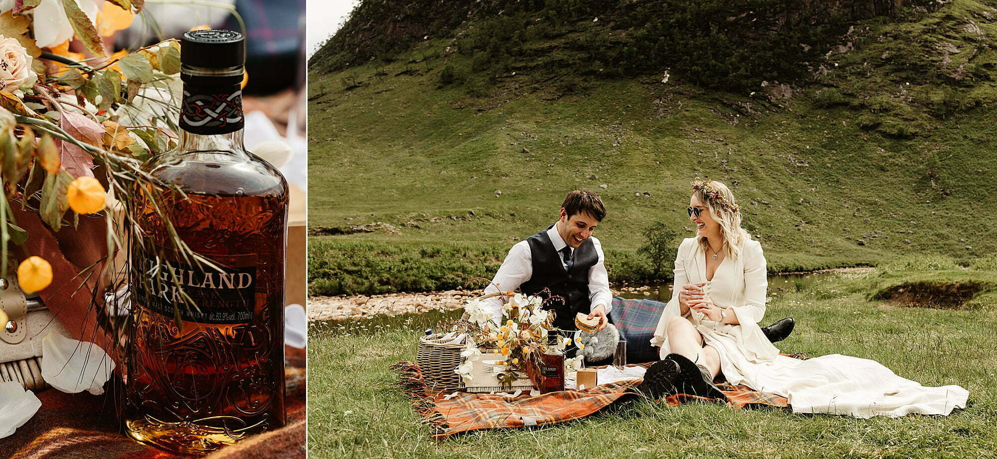 highland park whisky bride and groom couple portraits glen etive picnic