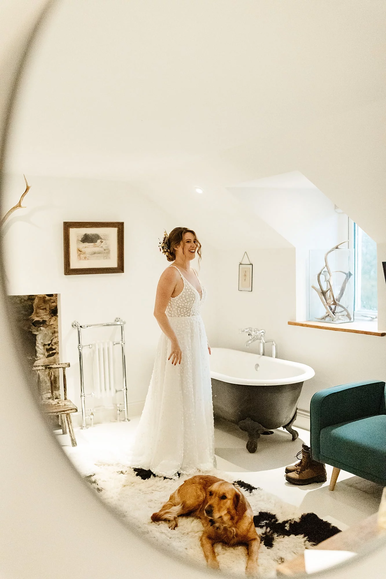 monachyle mhor bride prep Ivory Grace Bridal wedding dress dogs at weddings