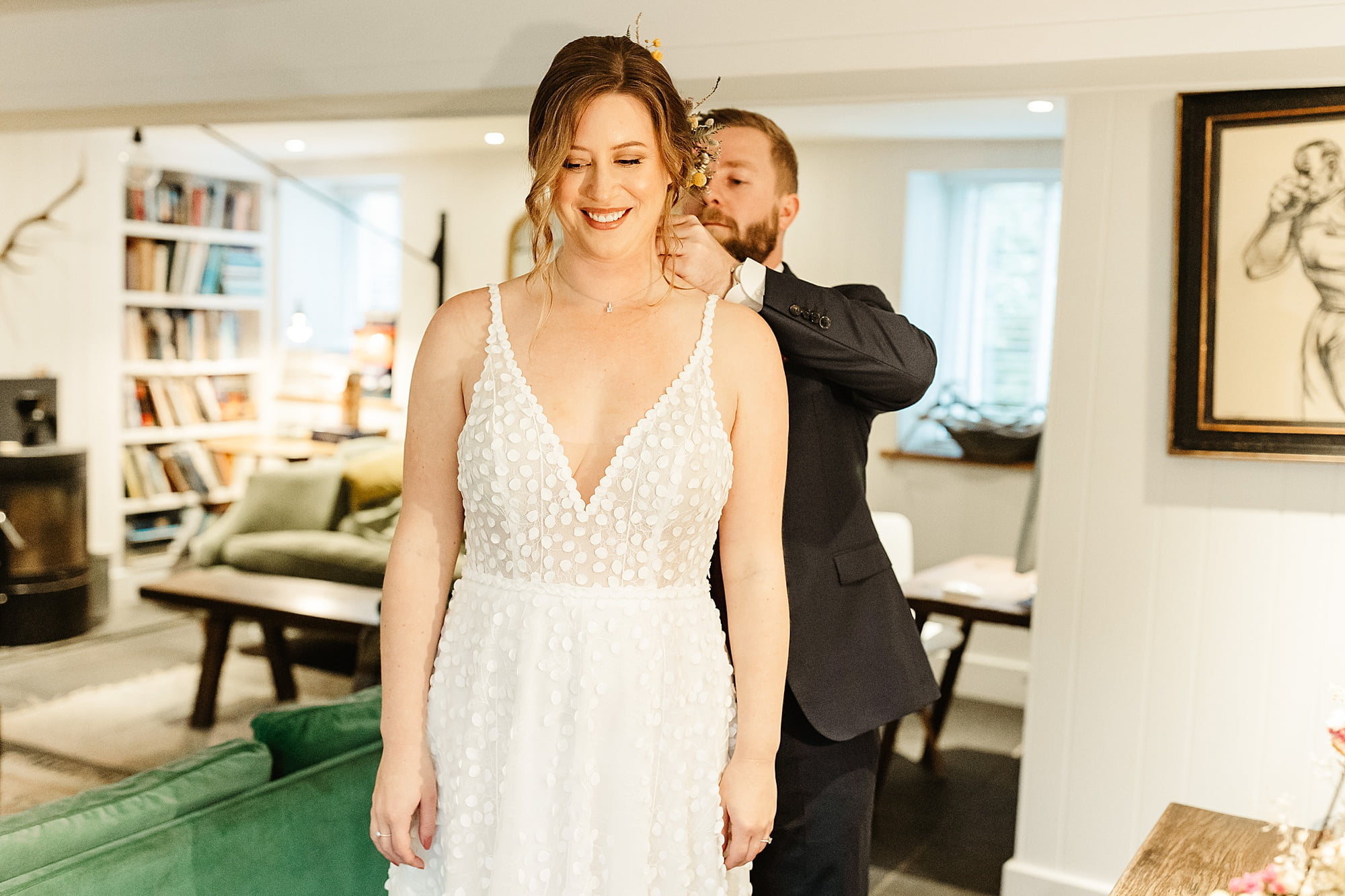 monachyle mhor groom prep bride and groom getting ready together Ivory Grace Bridal wedding dress