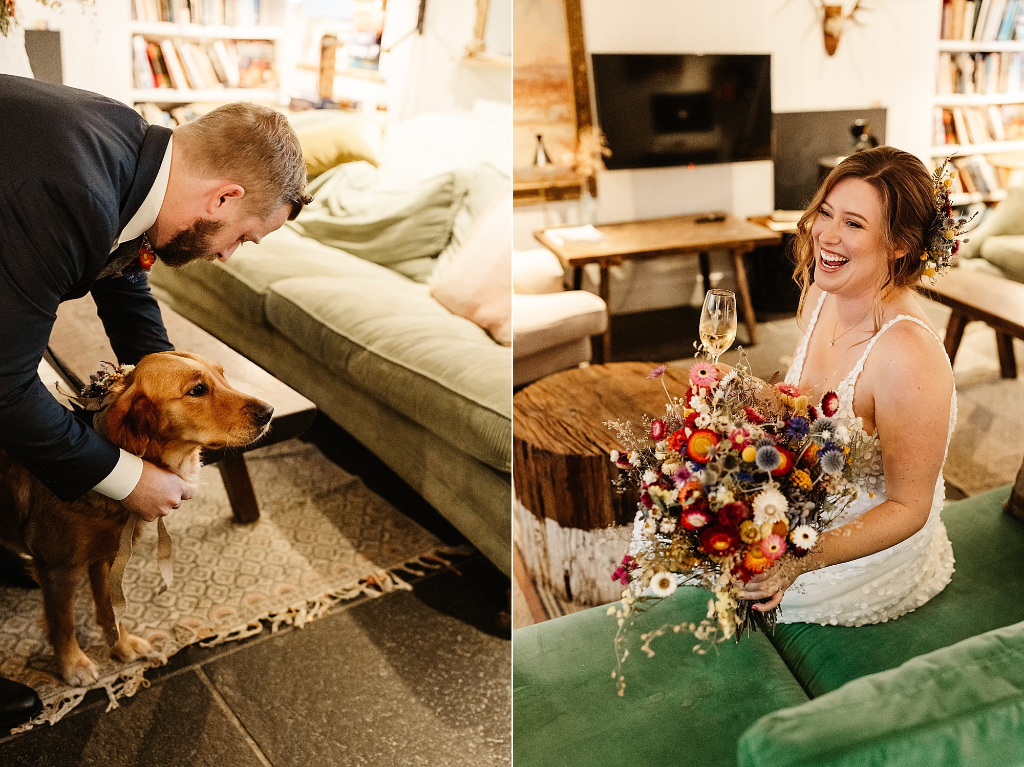 monachyle mhor groom prep bride and groom getting ready together Layla Robinson Design dried flower bouquet