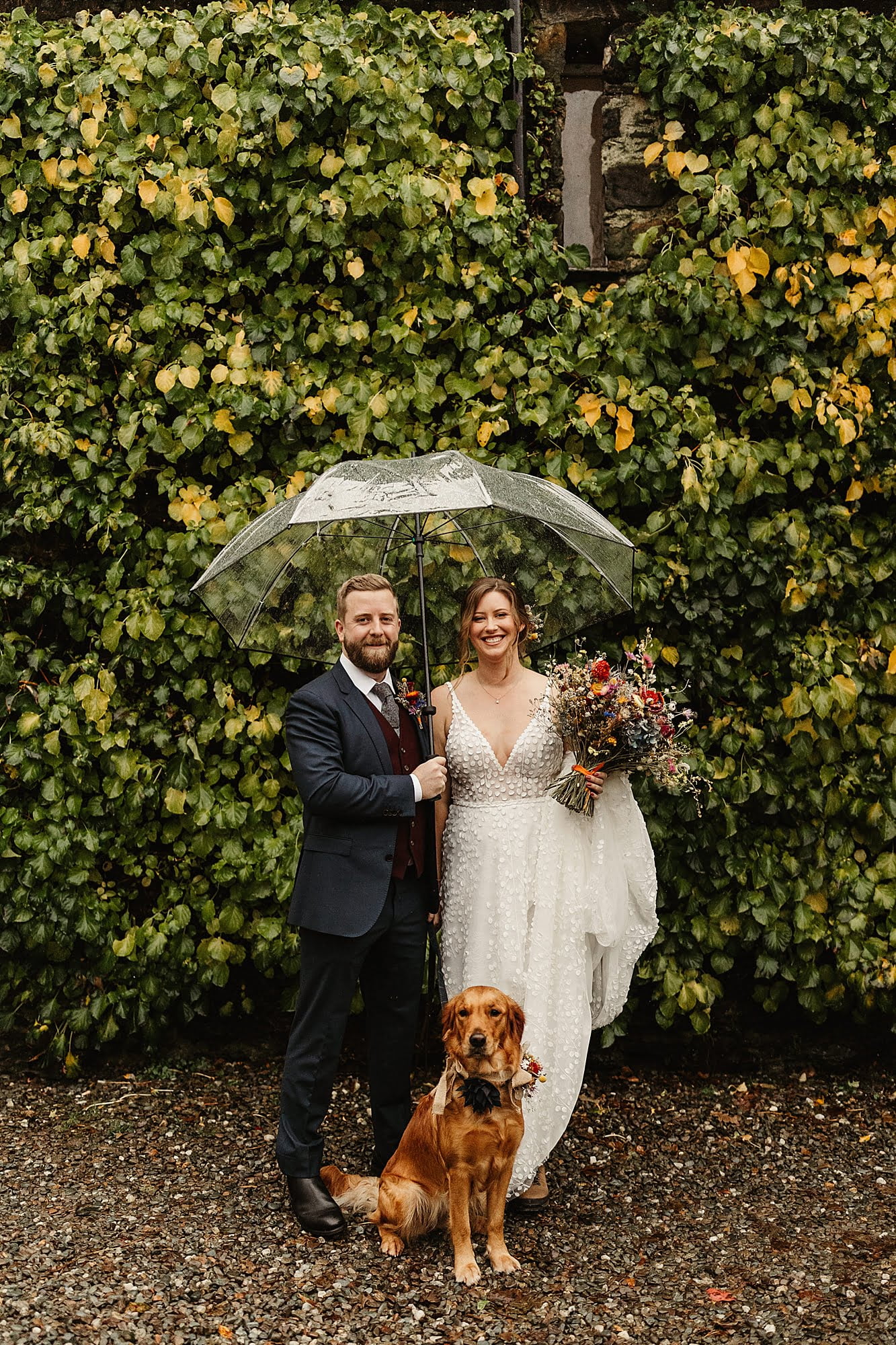 monachyle mhor couple photos portraits photography bride and groom Ivory Grace Bridal wedding dress Layla Robinson Design dried flowers bouquet with dog