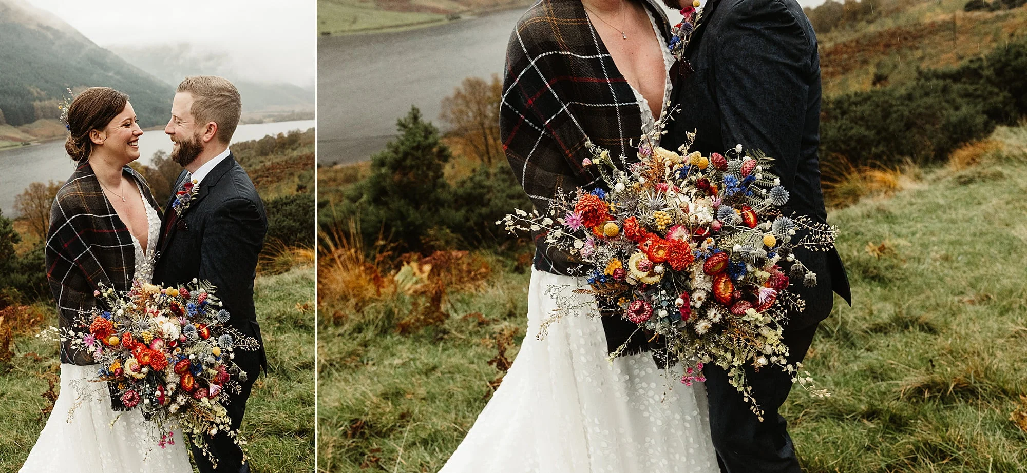 monachyle mhor ceremony outside elopement in the rain Layla Robinson Design dried flower bouquet