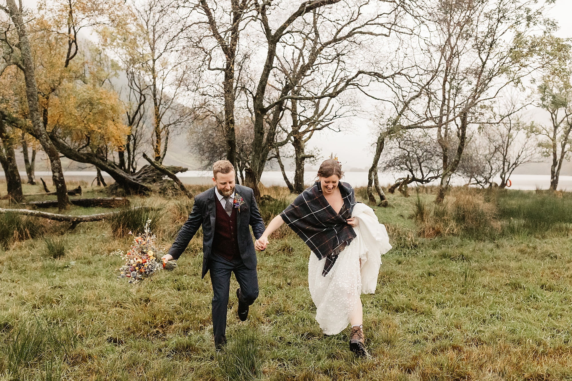 couple portraits photos bride and groom monachyle mhor Layla Robinson Design dried flower bouquet Ivory Grace Bridal wedding dress