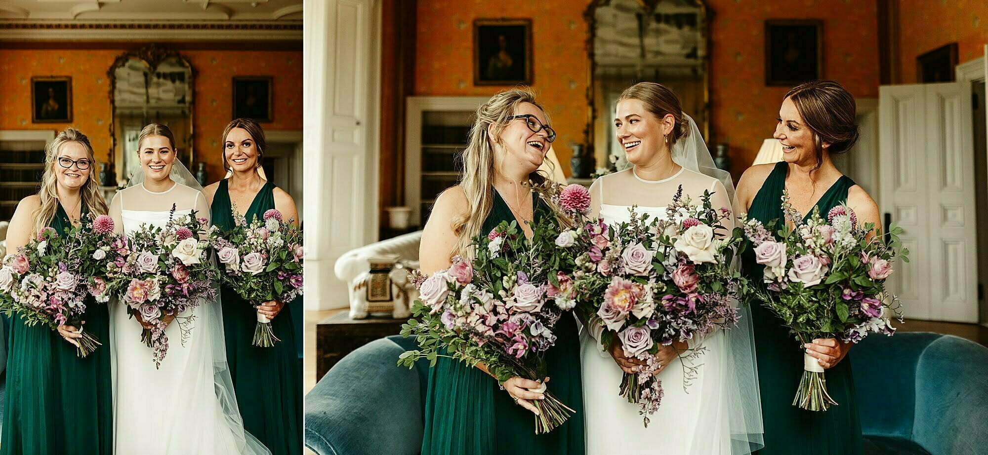 bridal portraits wardhill castle kim dalglish flowers florals bouquet photography photographs birdesmaids dresses green dress