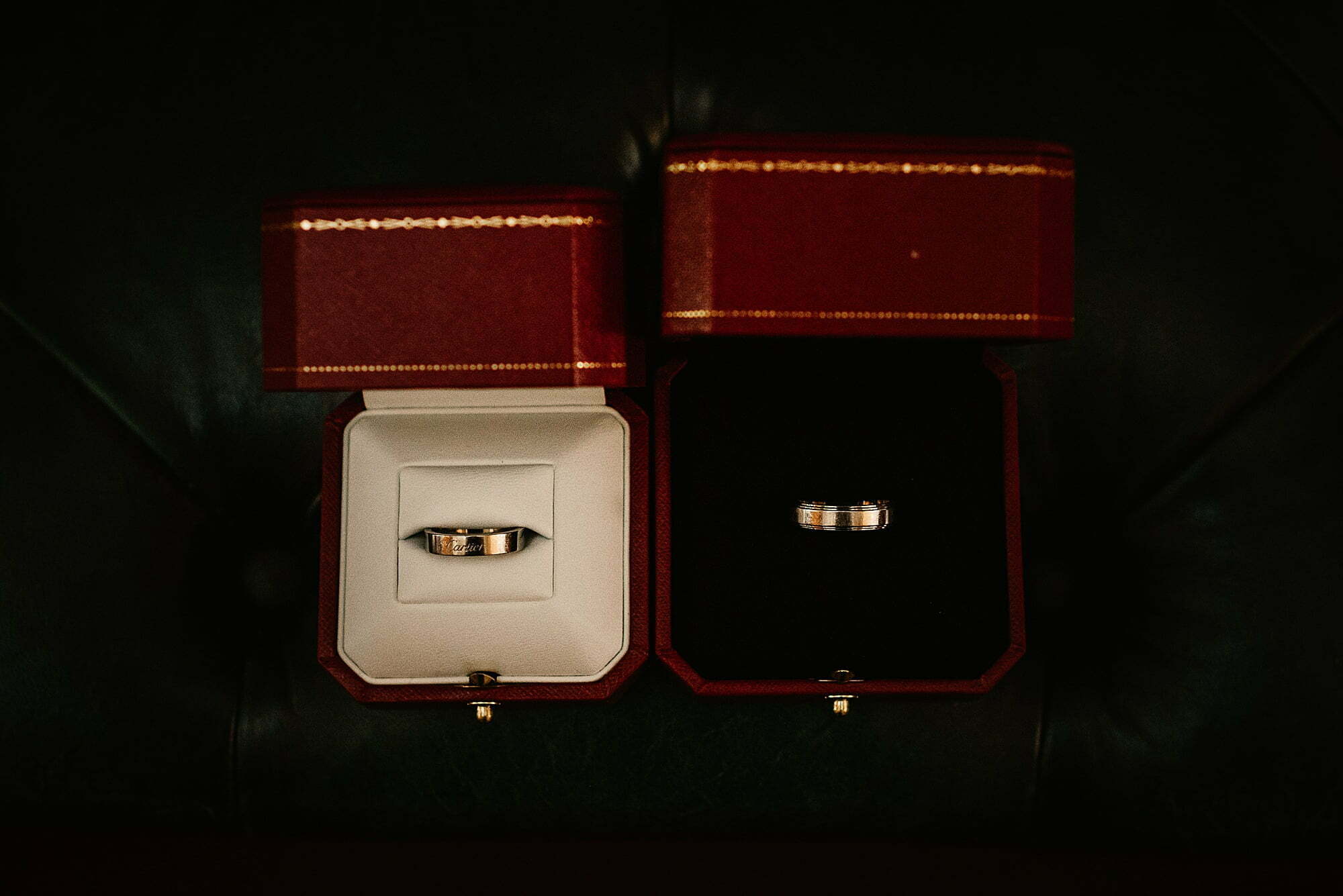 mens wedding rings in red box