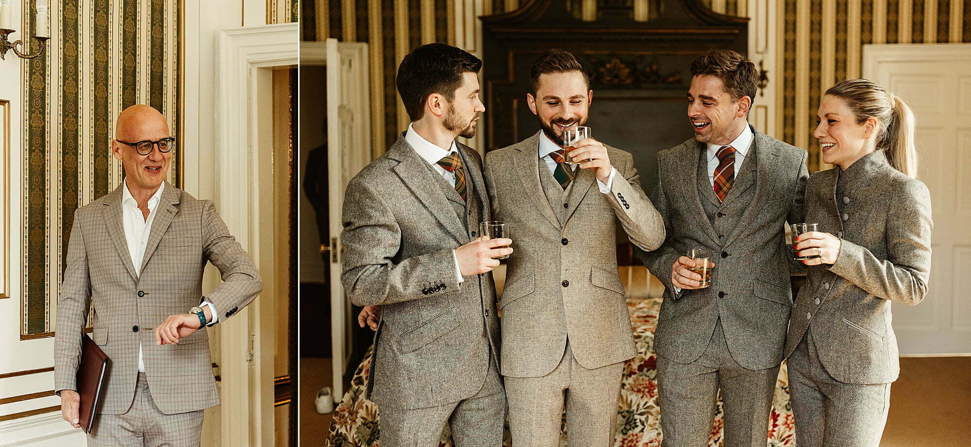 groom preps getting ready drumtochty castle wedding walker slater suits whisky toast drinking