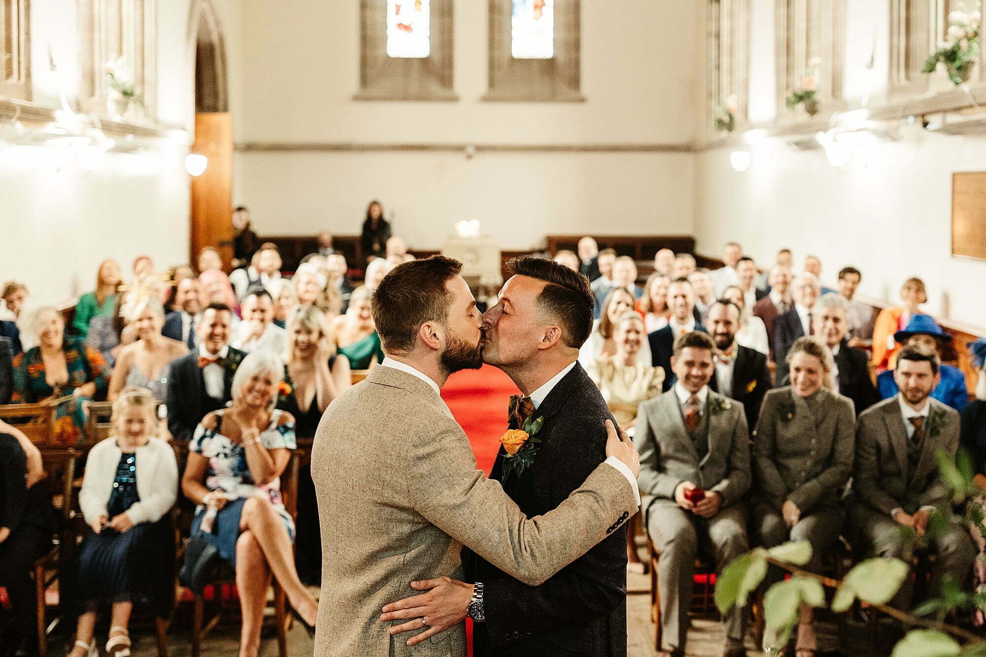 drumtochty church St Palladius interior inside wedding ceremony two grooms same sex couple first kiss