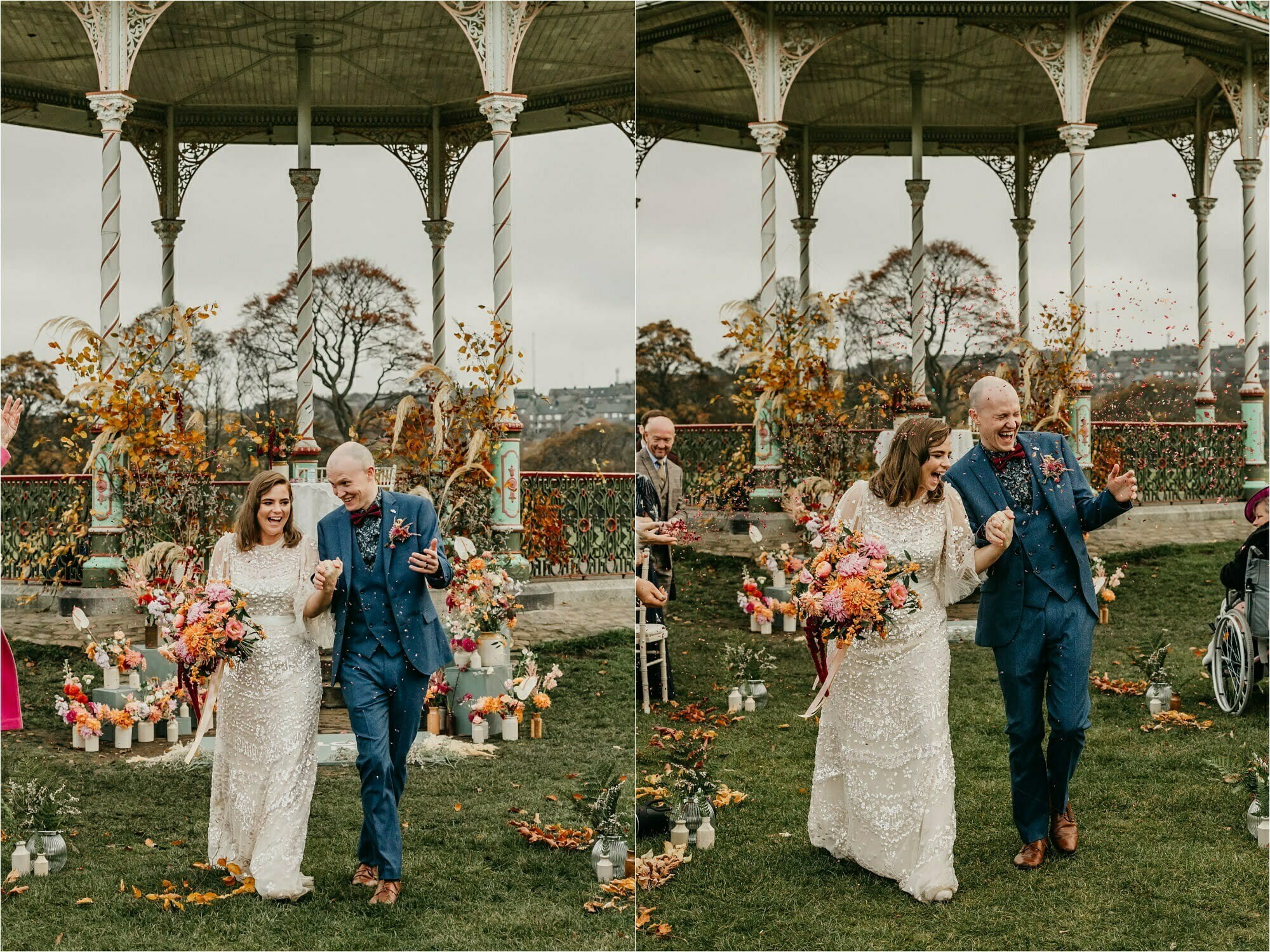 Duthie Park bandstand aberdeen micro wedding bride groom just married confetti back down aisle
