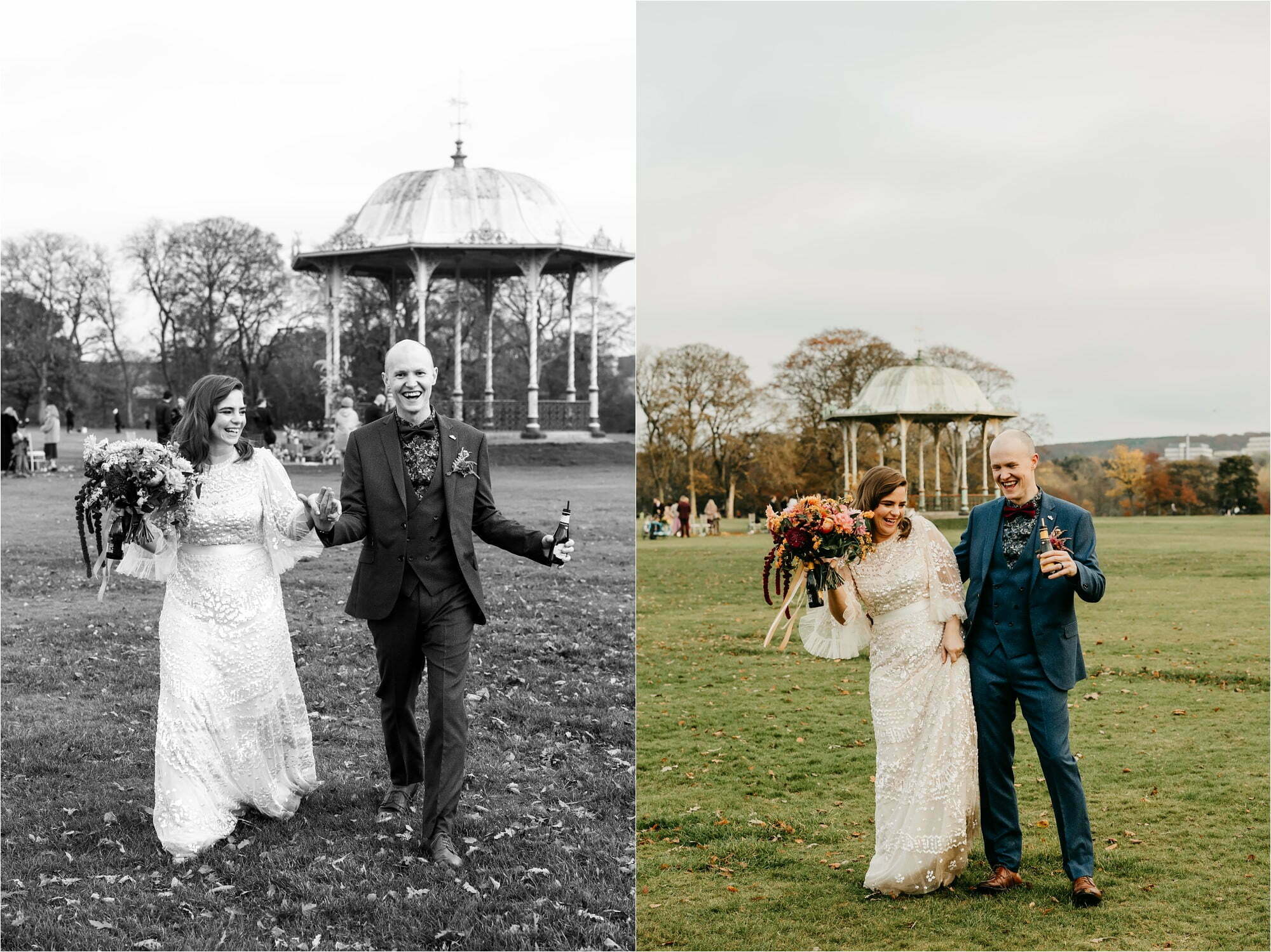 Duthie Park bandstand aberdeen micro wedding bride groom just married walking smiling