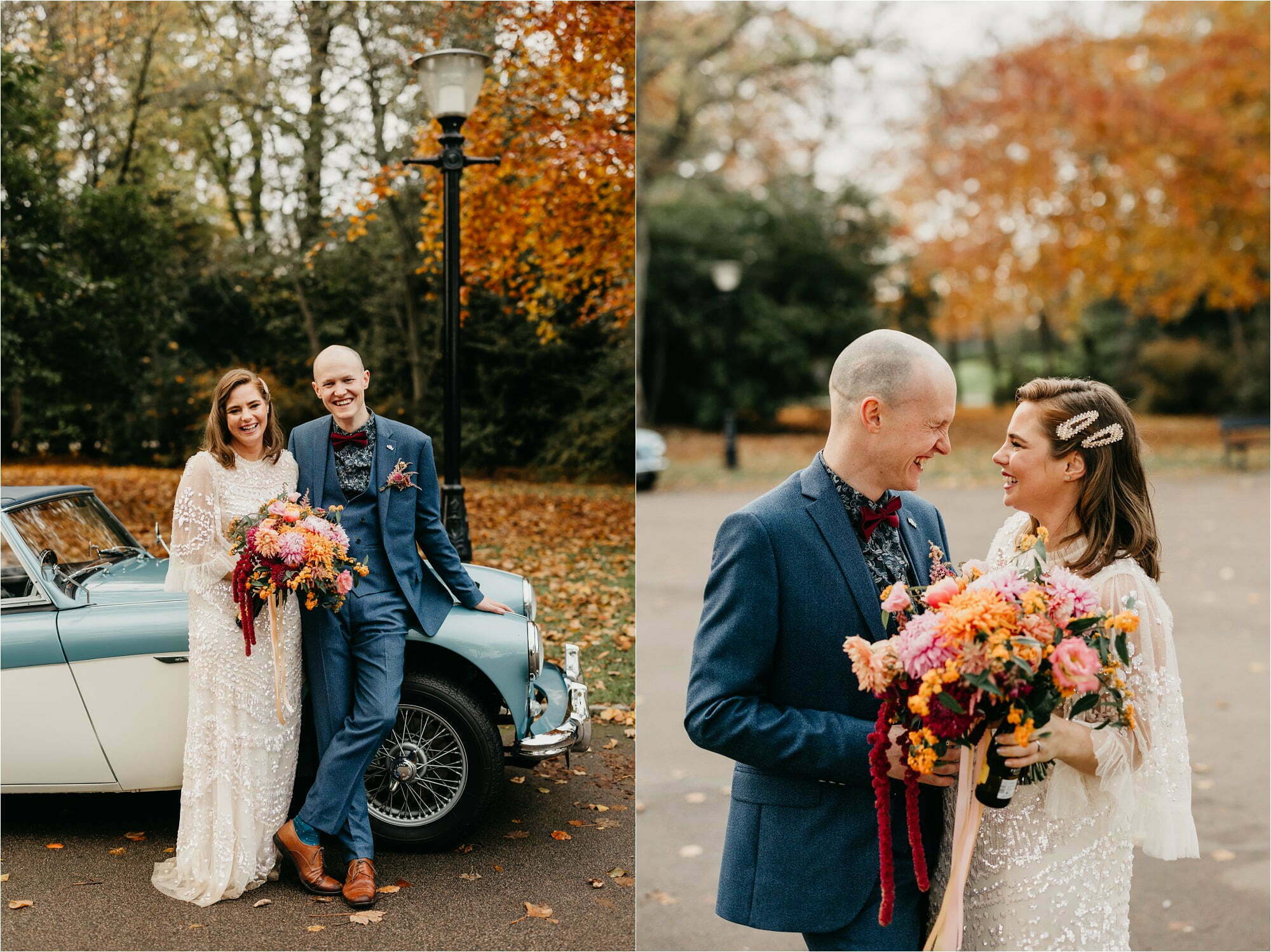 Duthie Park bandstand aberdeen micro wedding vintage car bride groom portrait