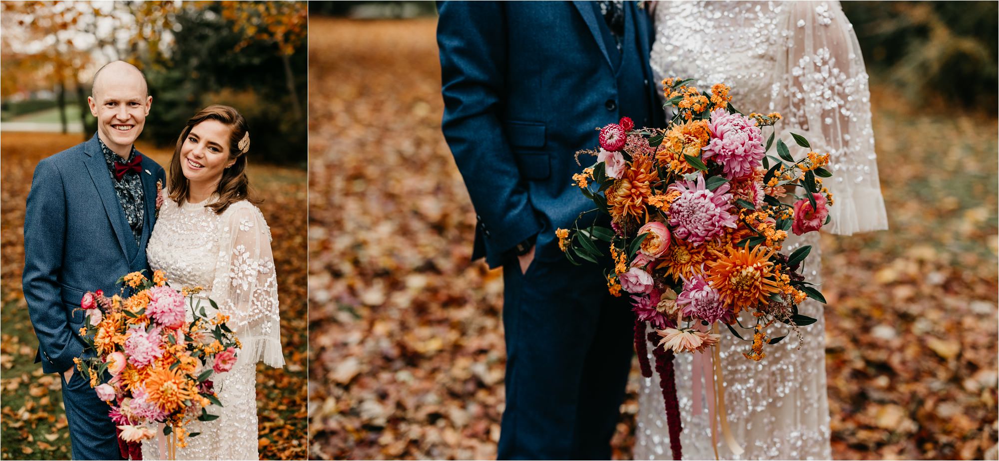 Duthie Park aberdeen micro wedding bride groom portrait in autumn winter leaves fauna folk flowers lush wild colourful bouquet