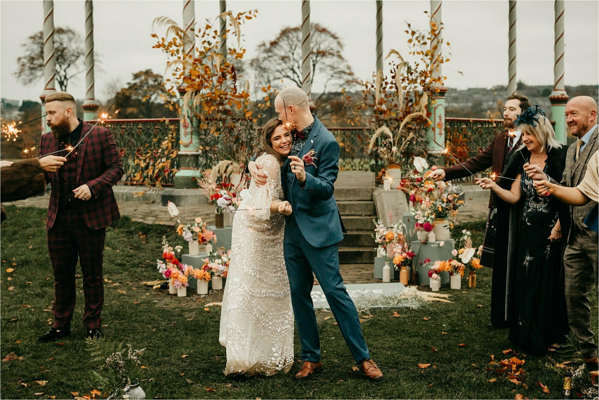 Duthie Park aberdeen micro wedding bride groom sparkler exit kiss