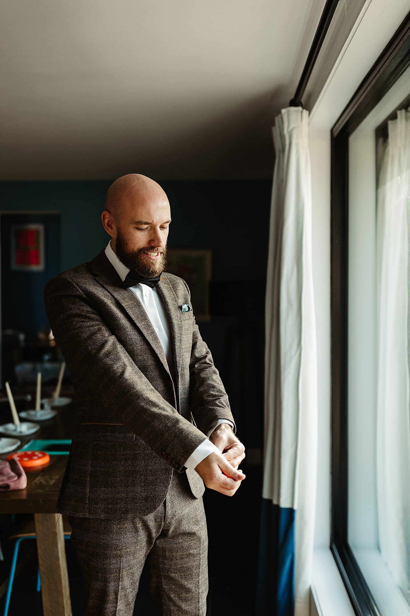 groom prep getting ready glendye tweed brown suit