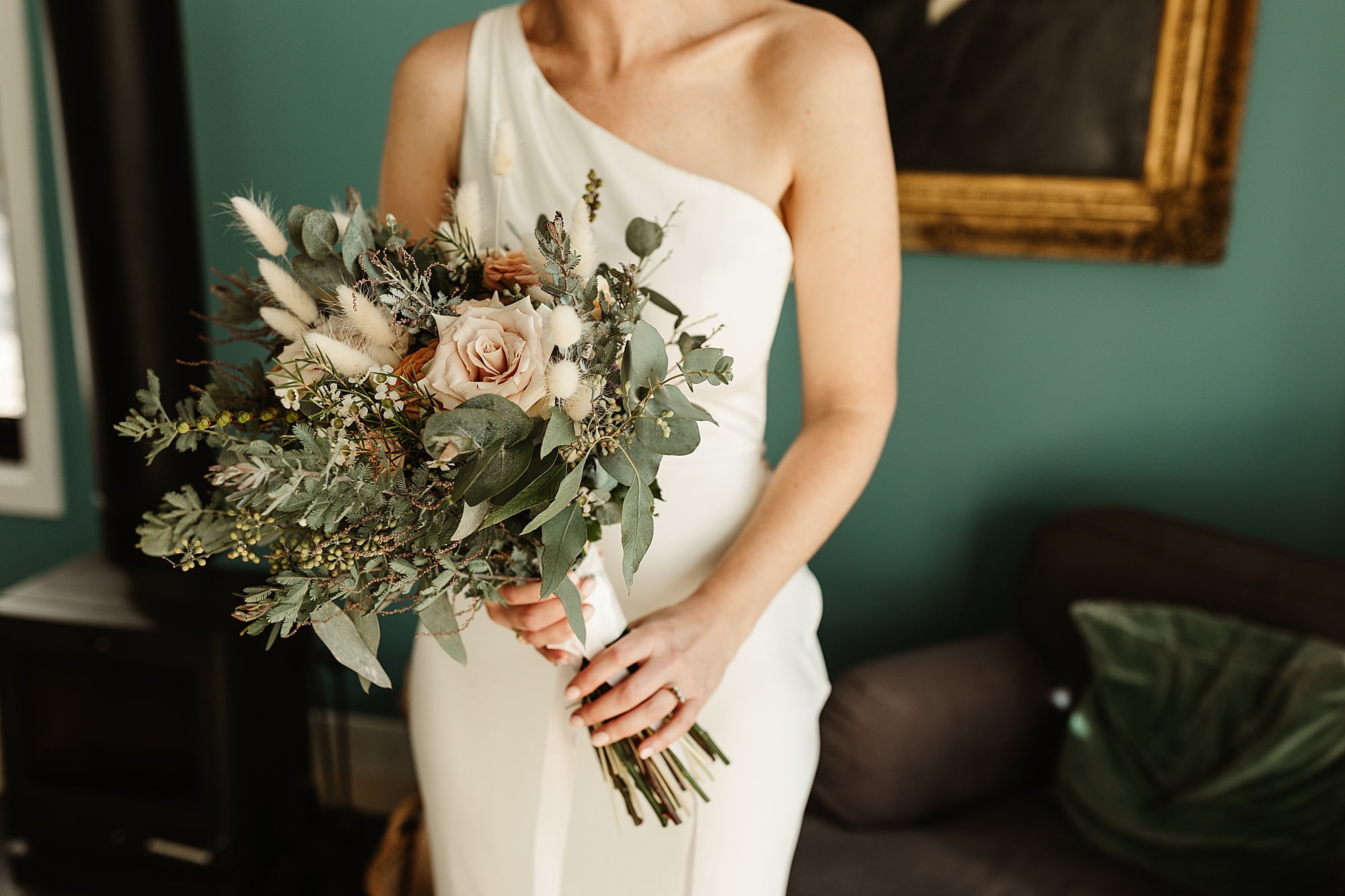 bride portrait glendye indoors hays flowers bouquet muted greens