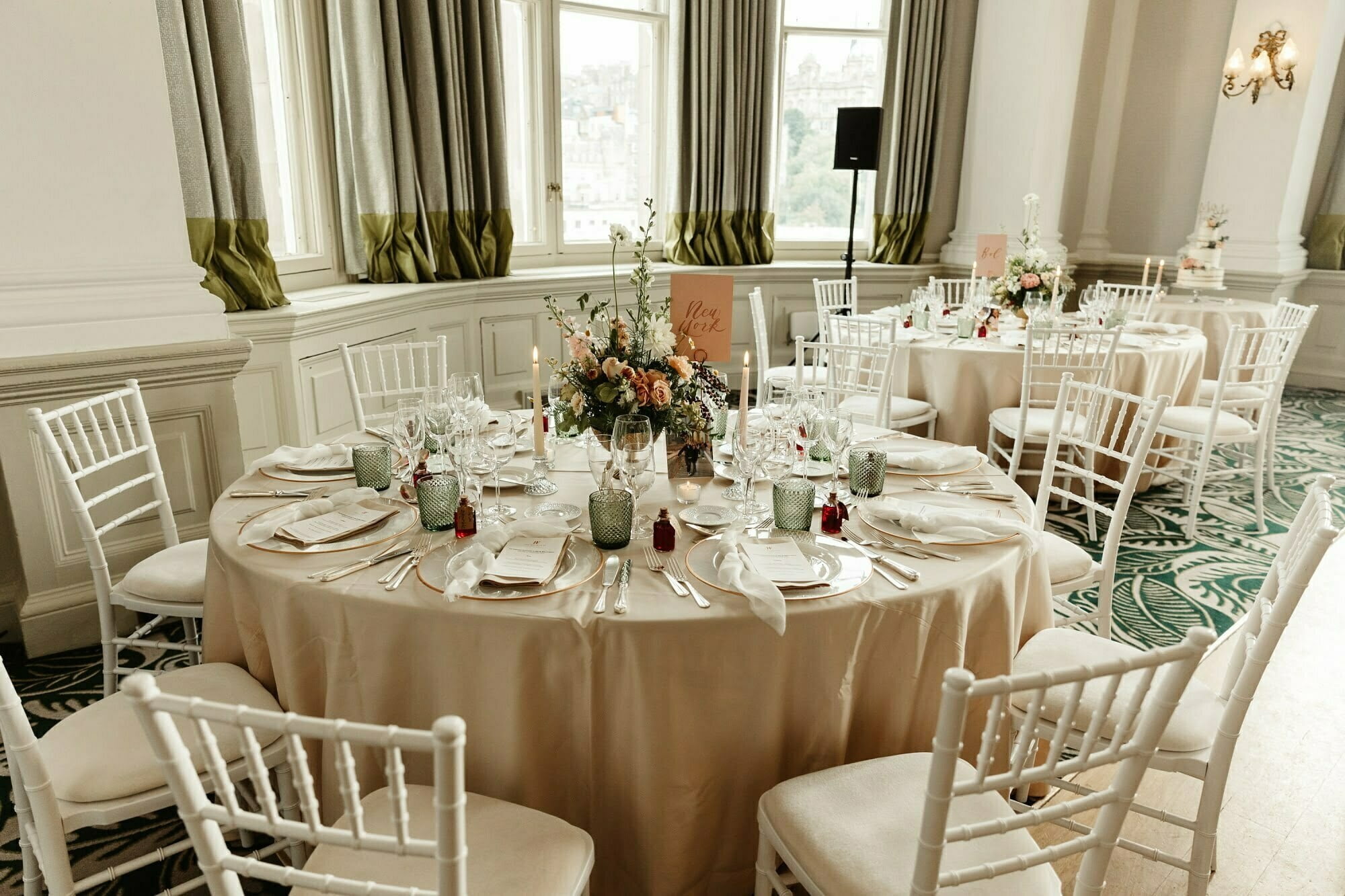 the balmoral edinburgh wedding reception set up dinner styling platter and pop flowers feather grass florals
