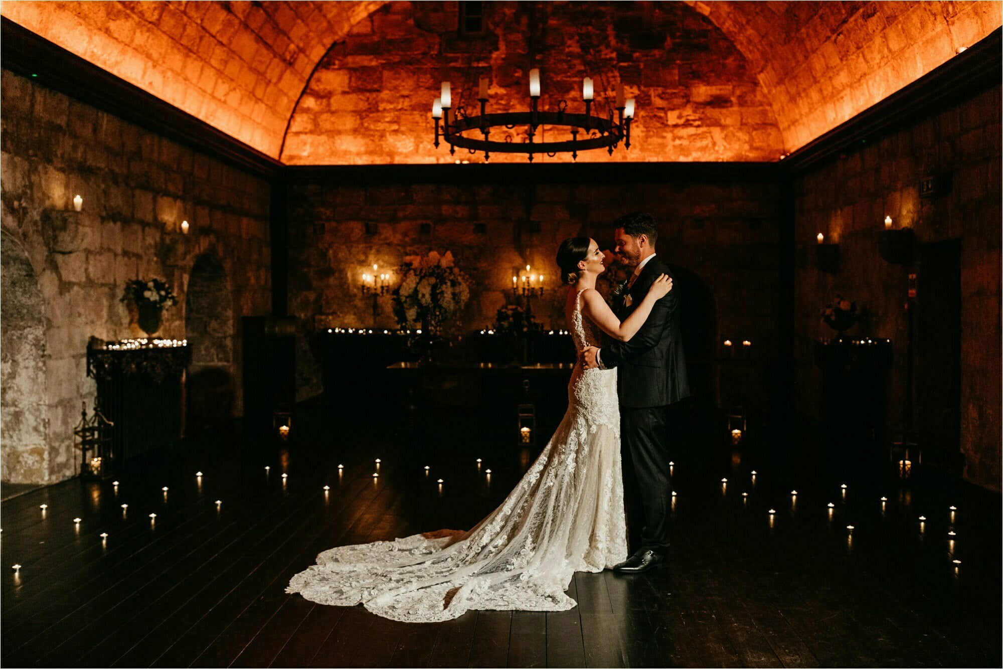 borthwick castle micro wedding first dance bride groom candlelit