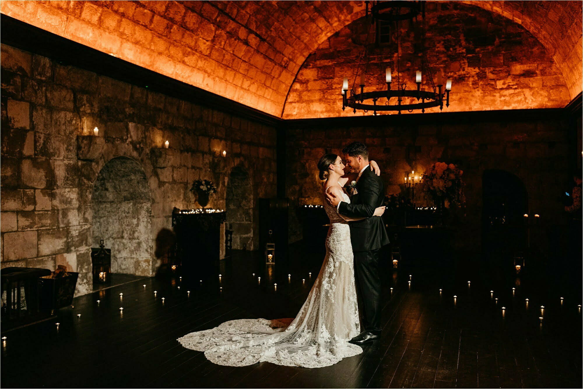borthwick castle micro wedding first dance bride groom candlelit