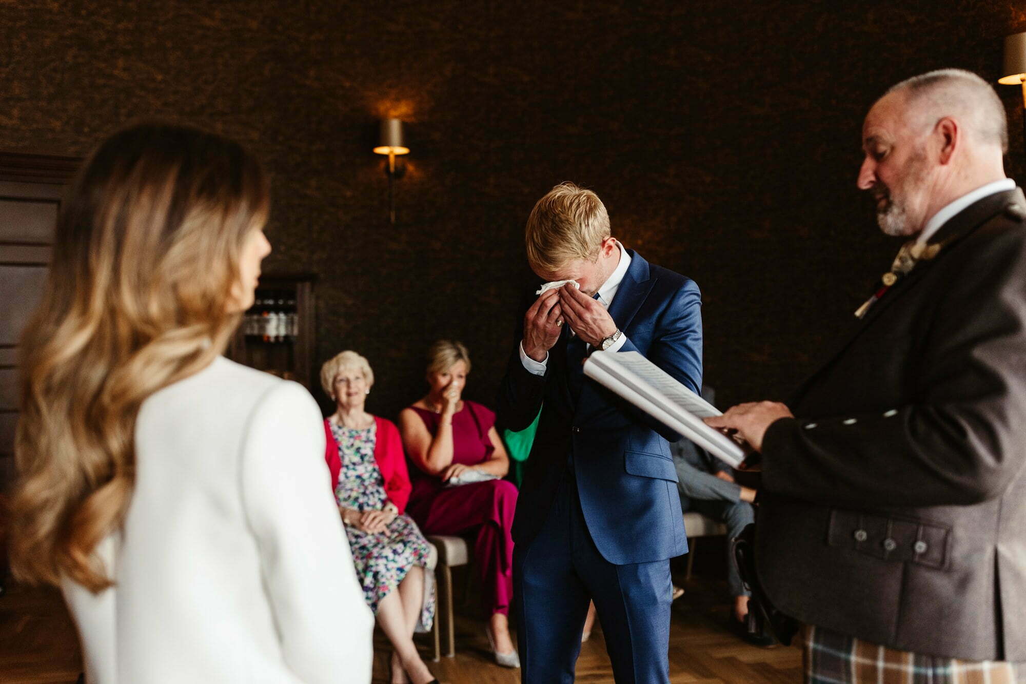 groom crying emotional coastal micro wedding scotland