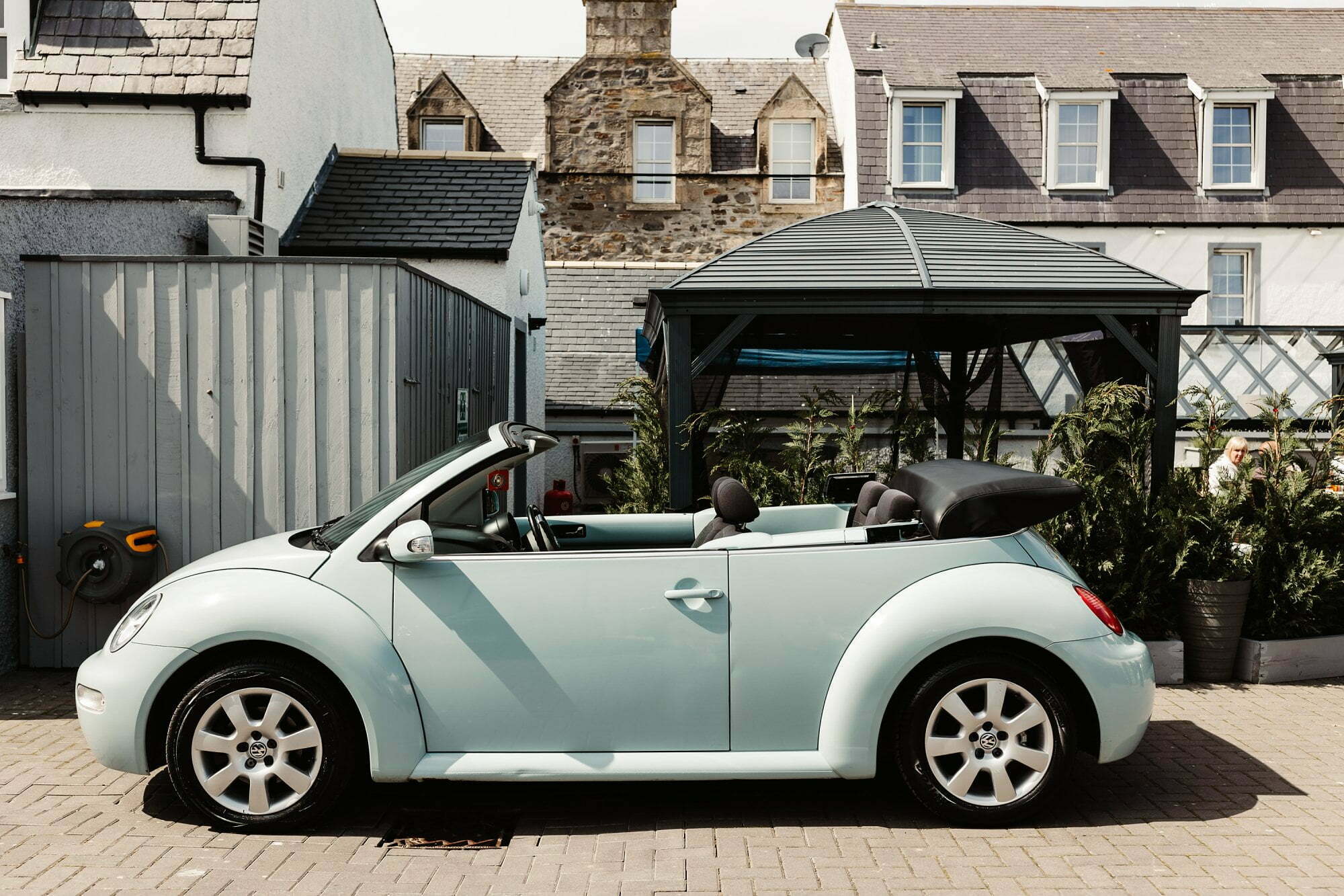 coastal micro wedding scotland luxury style mint green VW volkswagen beetle soft top convertible car