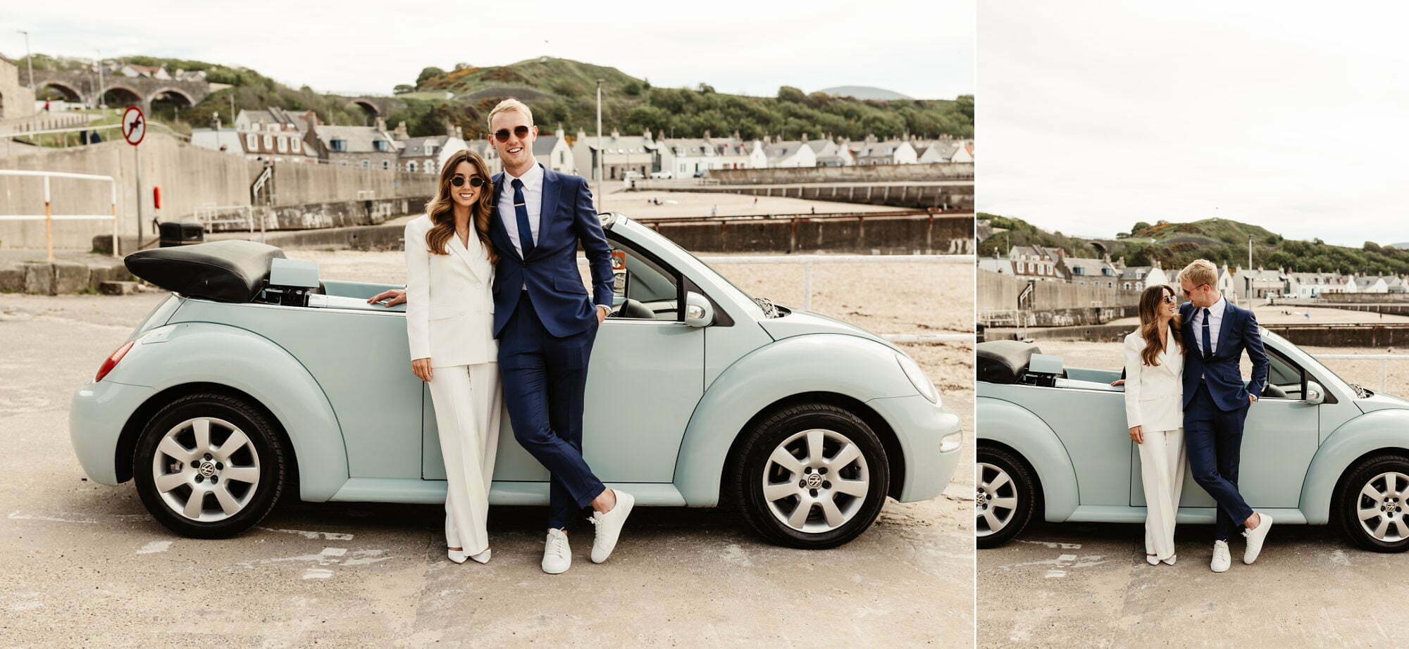 coastal micro wedding scotland luxury style mint green VW volkswagen beetle soft top convertible car