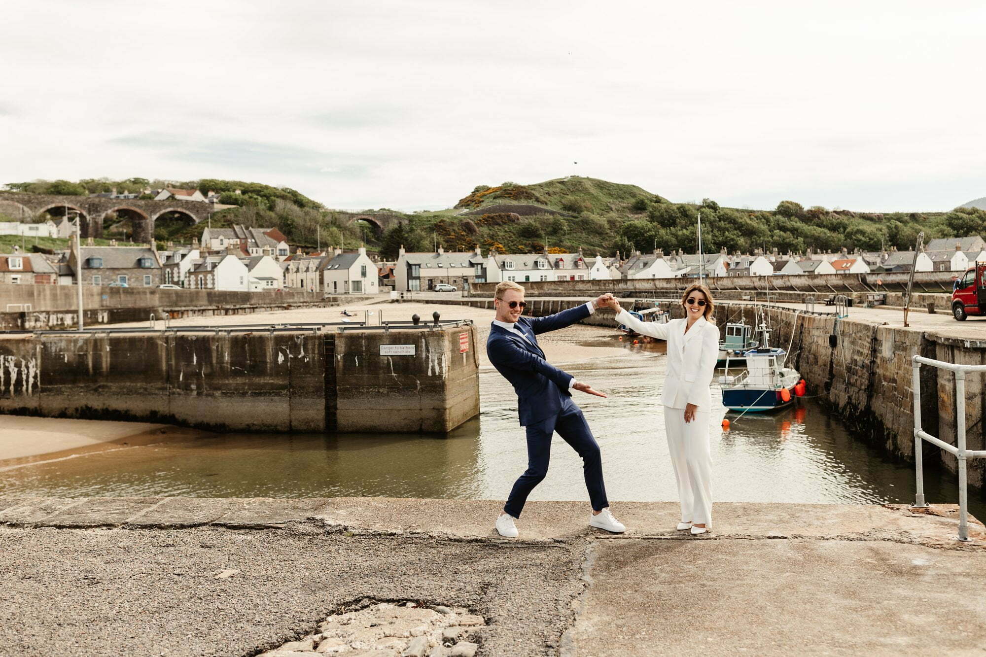 coastal micro wedding scotland luxury style cullen harbour bride groom portraits