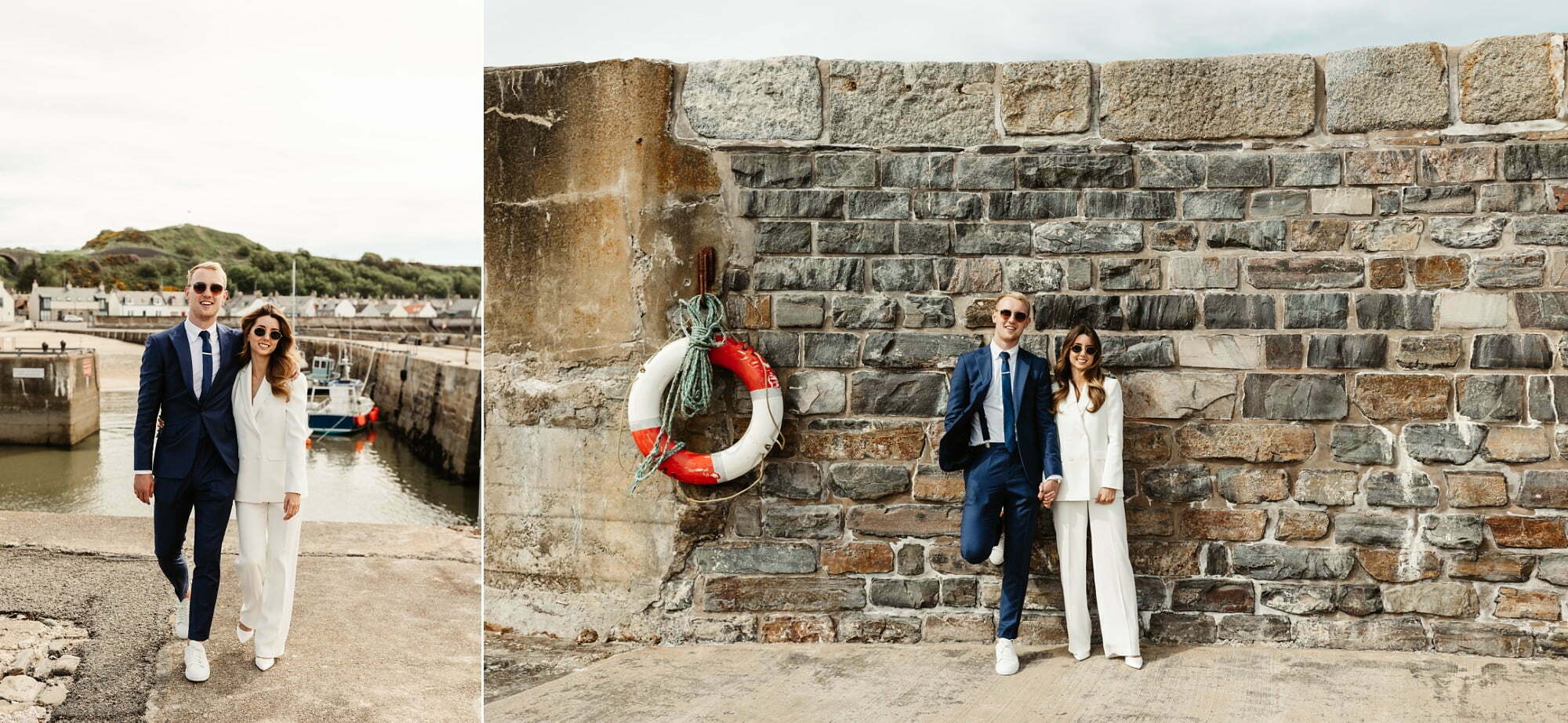 coastal micro wedding scotland luxury style cullen harbour bride groom portraits