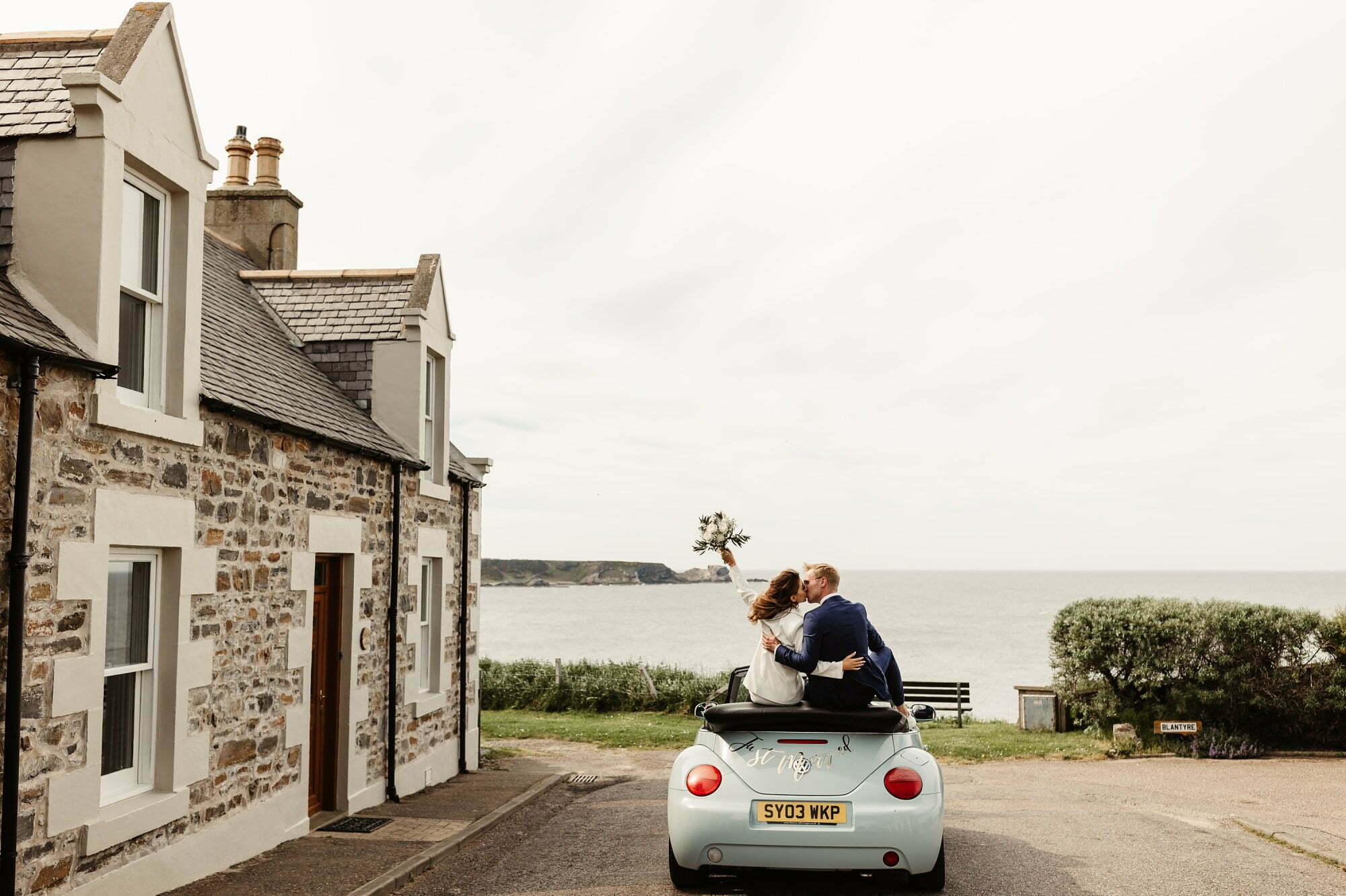 coastal micro wedding scotland luxury style mint green VW volkswagen beetle soft top convertible car