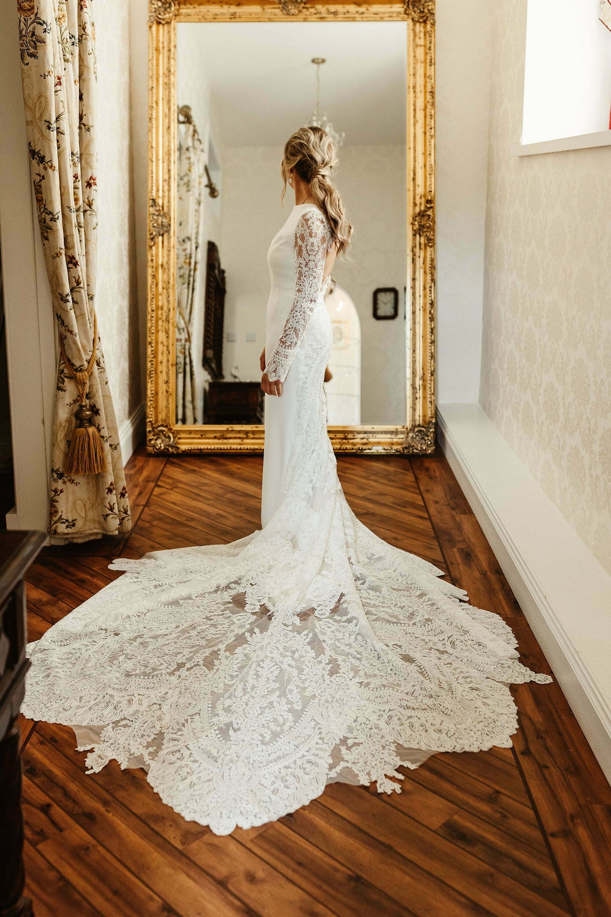 bride pronovias atelier long sleeve lace wedding dress drumtochty-castle