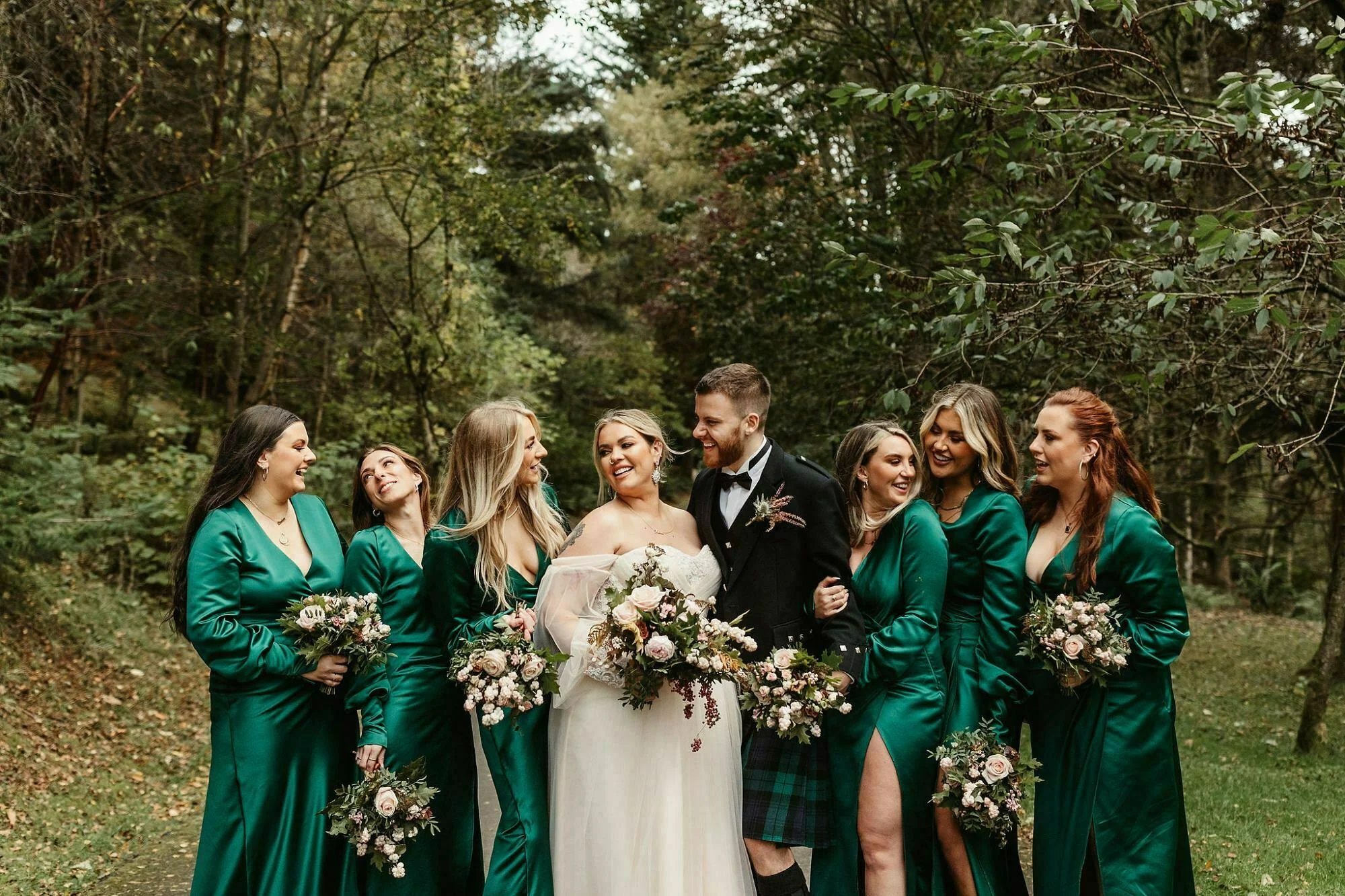 drumtochty castle wedding bride groom portraits photos bridesmaids green dress