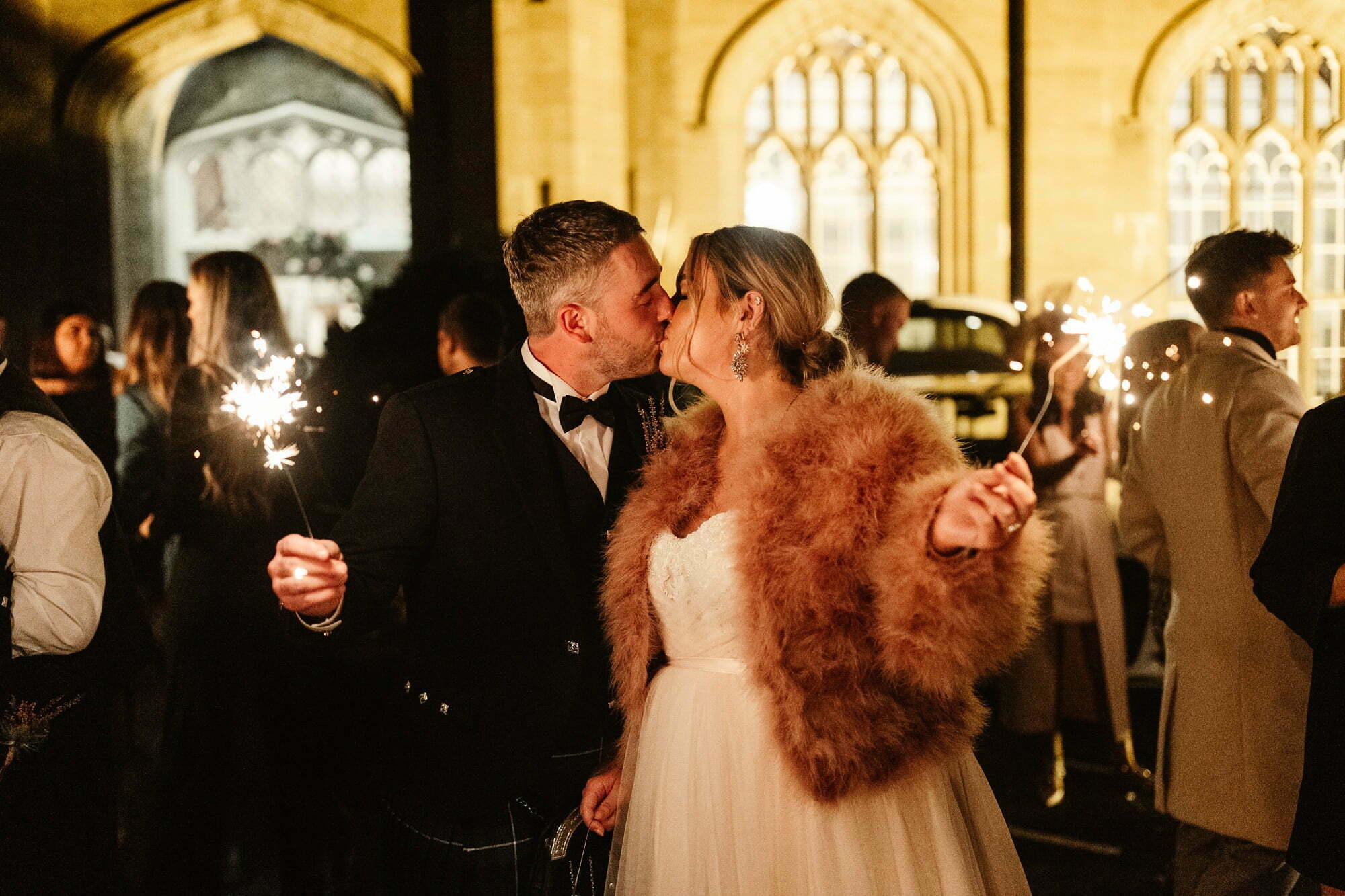 drumtochty castle wedding sparklers outside bride groom