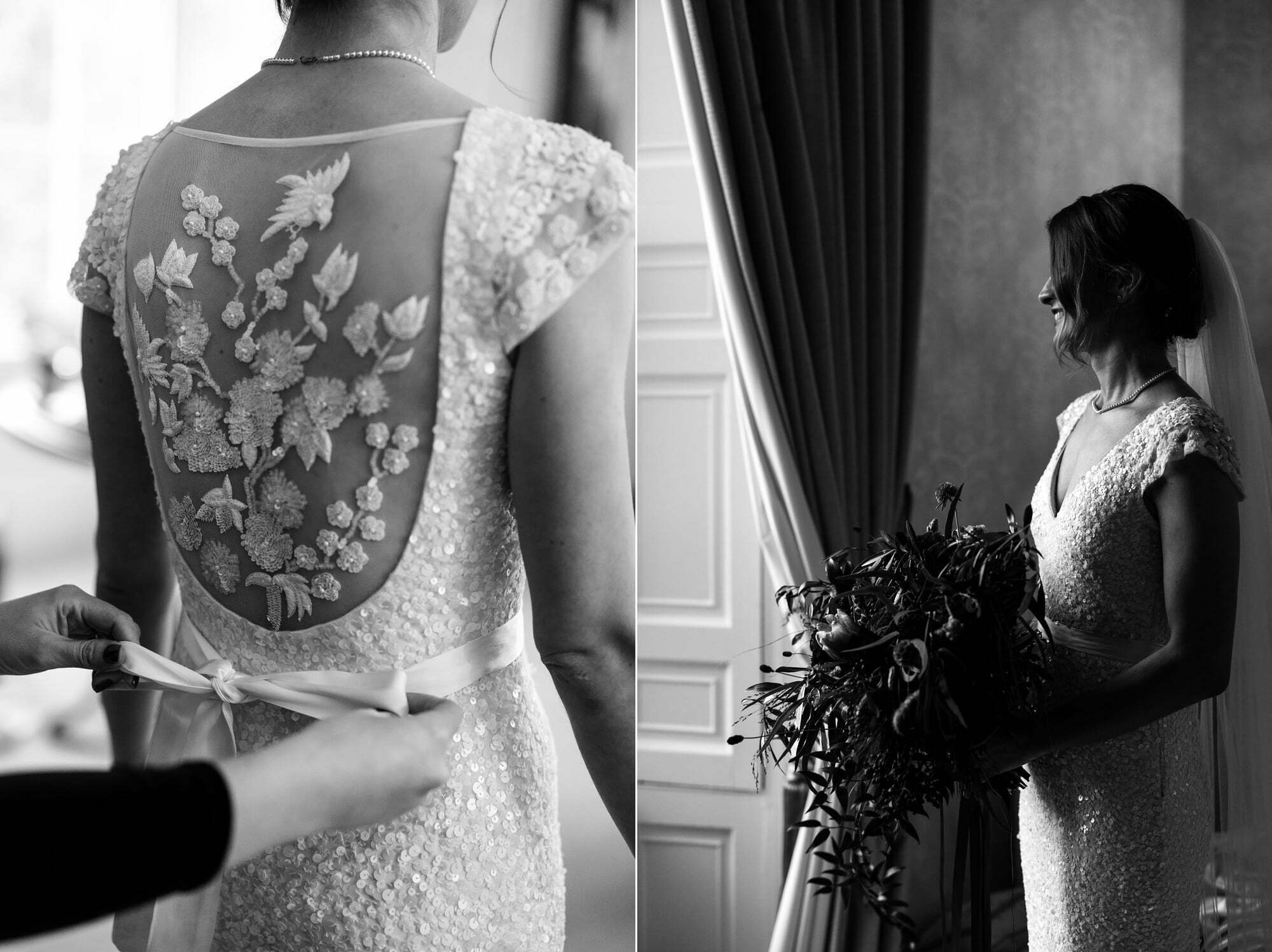 bride getting ready embroidered back sequin dress winter micro wedding at drumtochty castle scottish highlands aberdeenshire