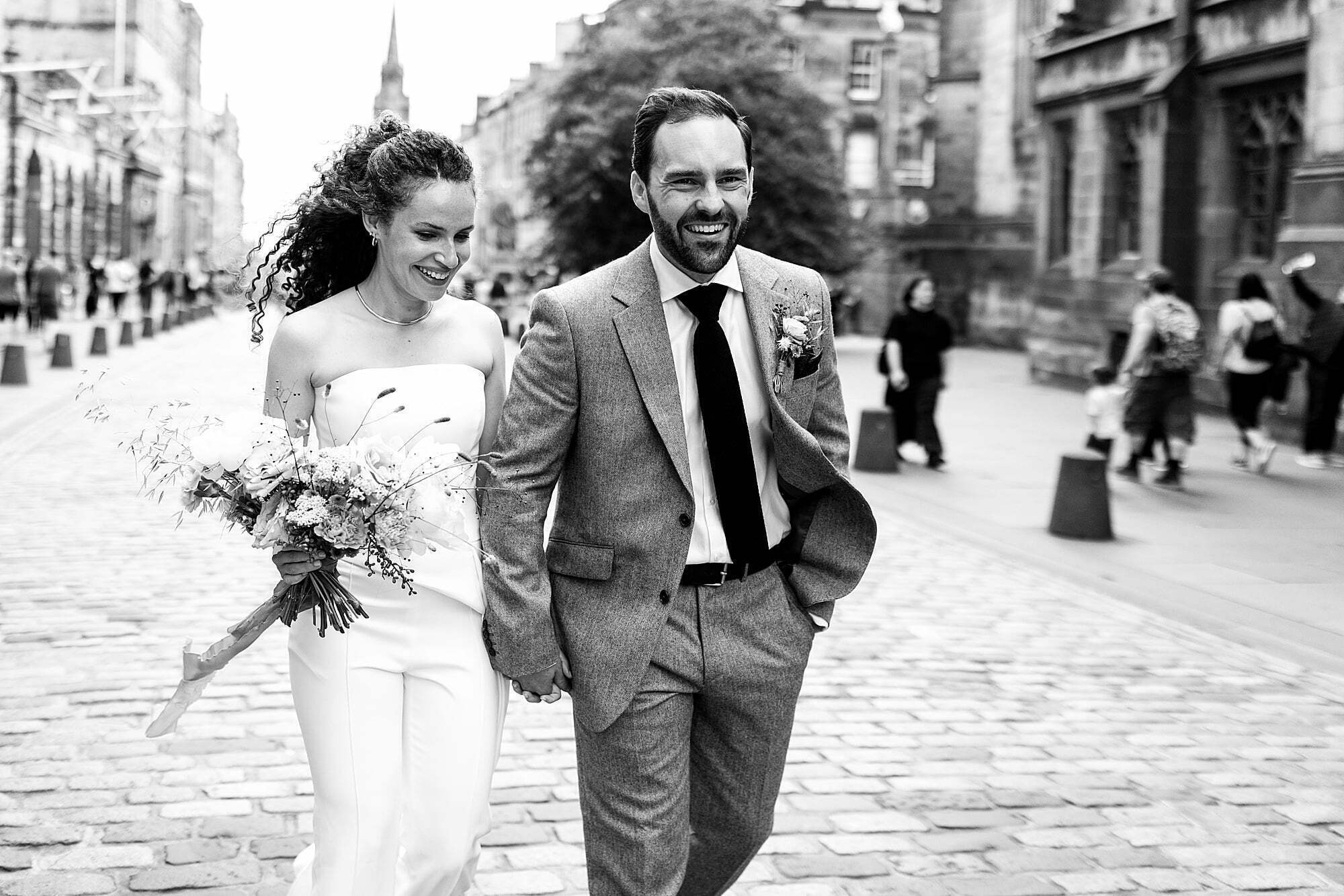 bride and groom edinburgh elopement city chambers white Nadine Merabi trouser suit