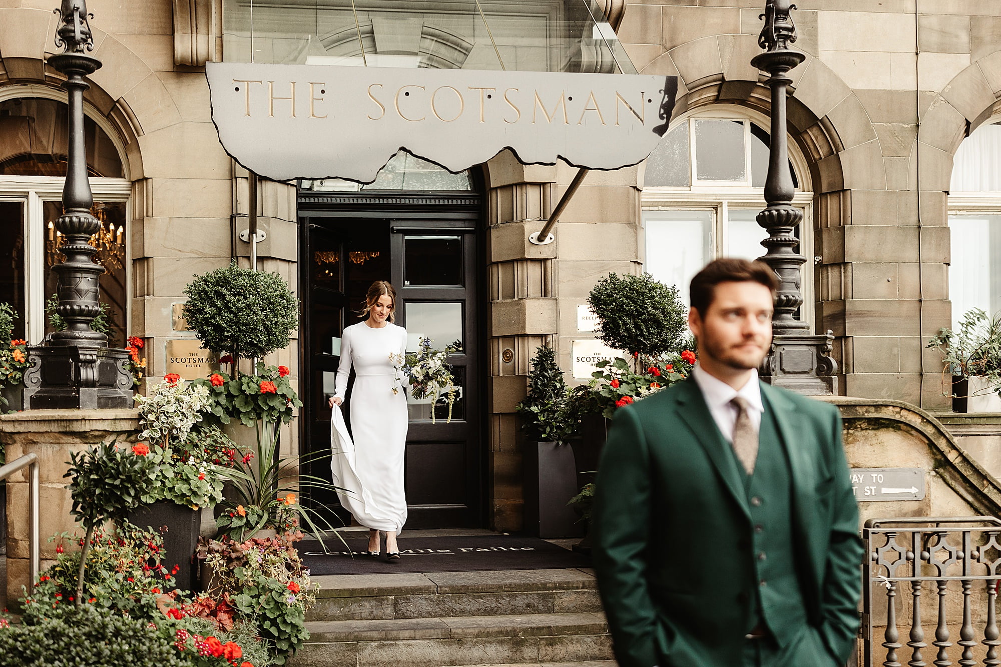 the scotsman hotel micro wedding Narcissus Flowers bouquet Park and Fifth Co dress bride and groom first look