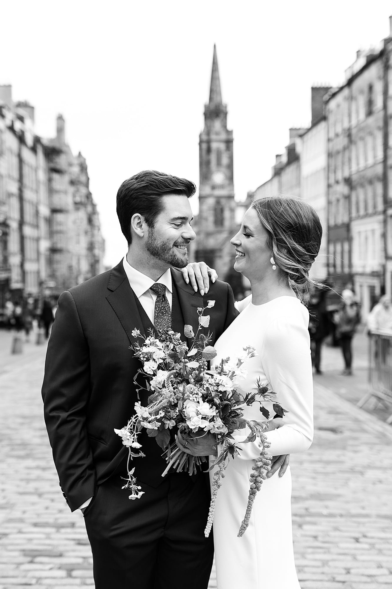 Edinburgh wedding photography couple photos Park and Fifth Co dress bride and groom the royal mile Narcissus Flowers
