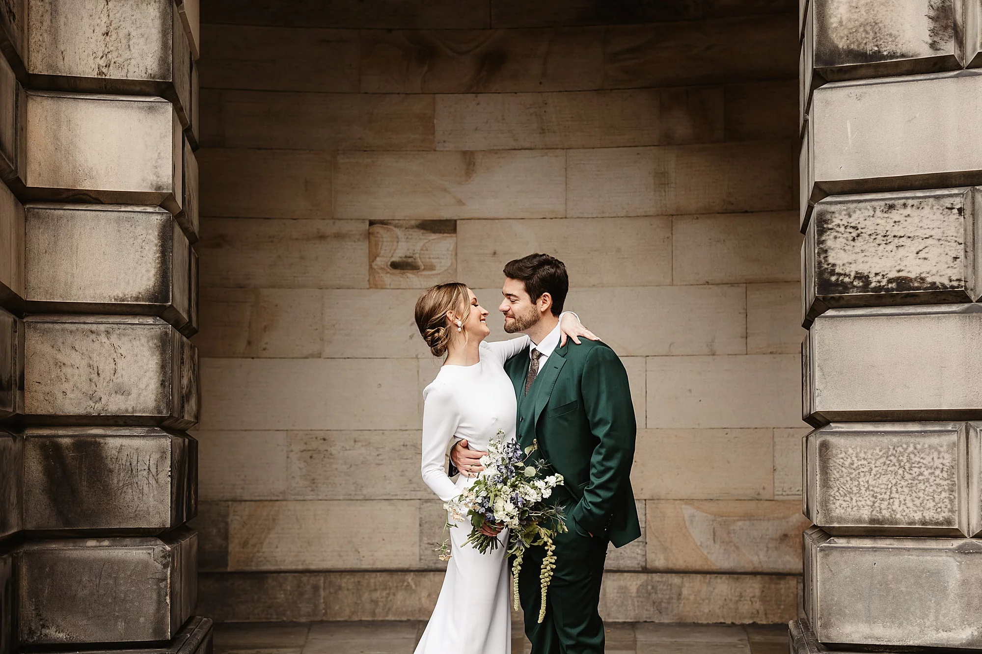 Edinburgh wedding photography couple photos Park and Fifth Co dress bride and groom the royal mile Narcissus Flowers