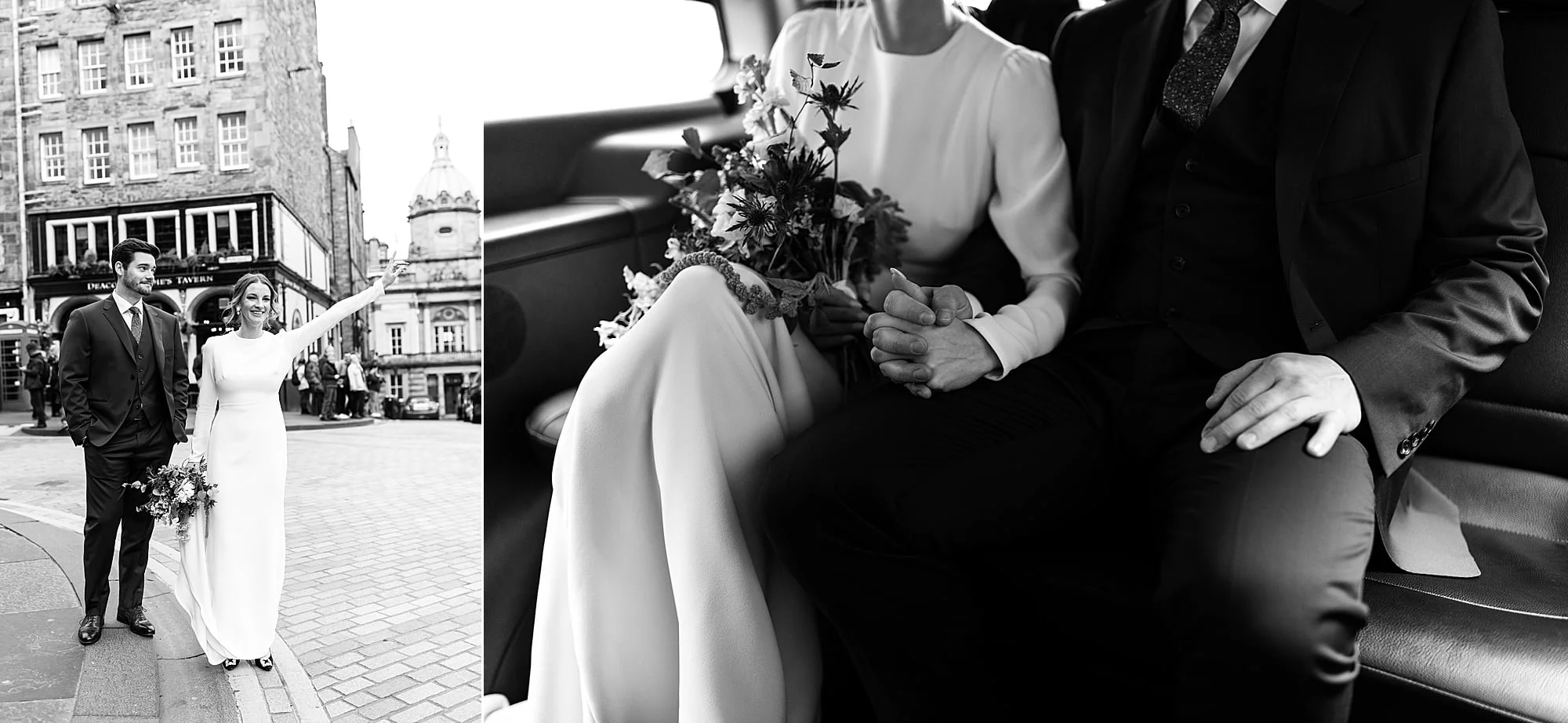 Edinburgh wedding photography couple photos Park and Fifth Co dress bride and groom the royal mile Narcissus Flowers