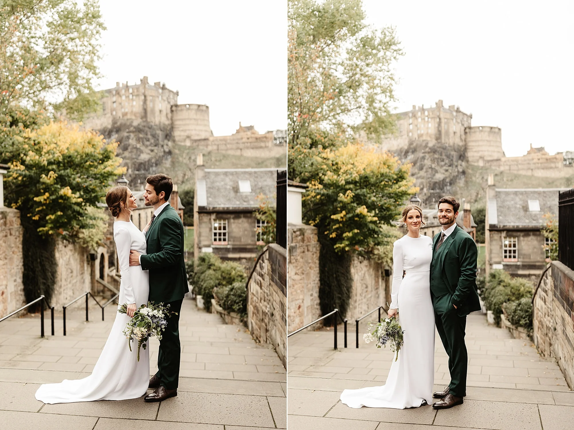 Edinburgh wedding photography couple photos Park and Fifth Co dress bride and groom Narcissus Flowers edinburgh castle