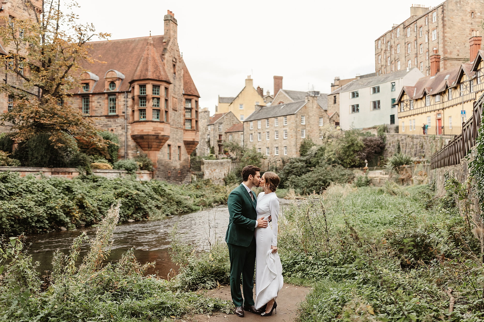 Edinburgh wedding photography couple photos Park and Fifth Co dress bride and groom Narcissus Flowers dean village