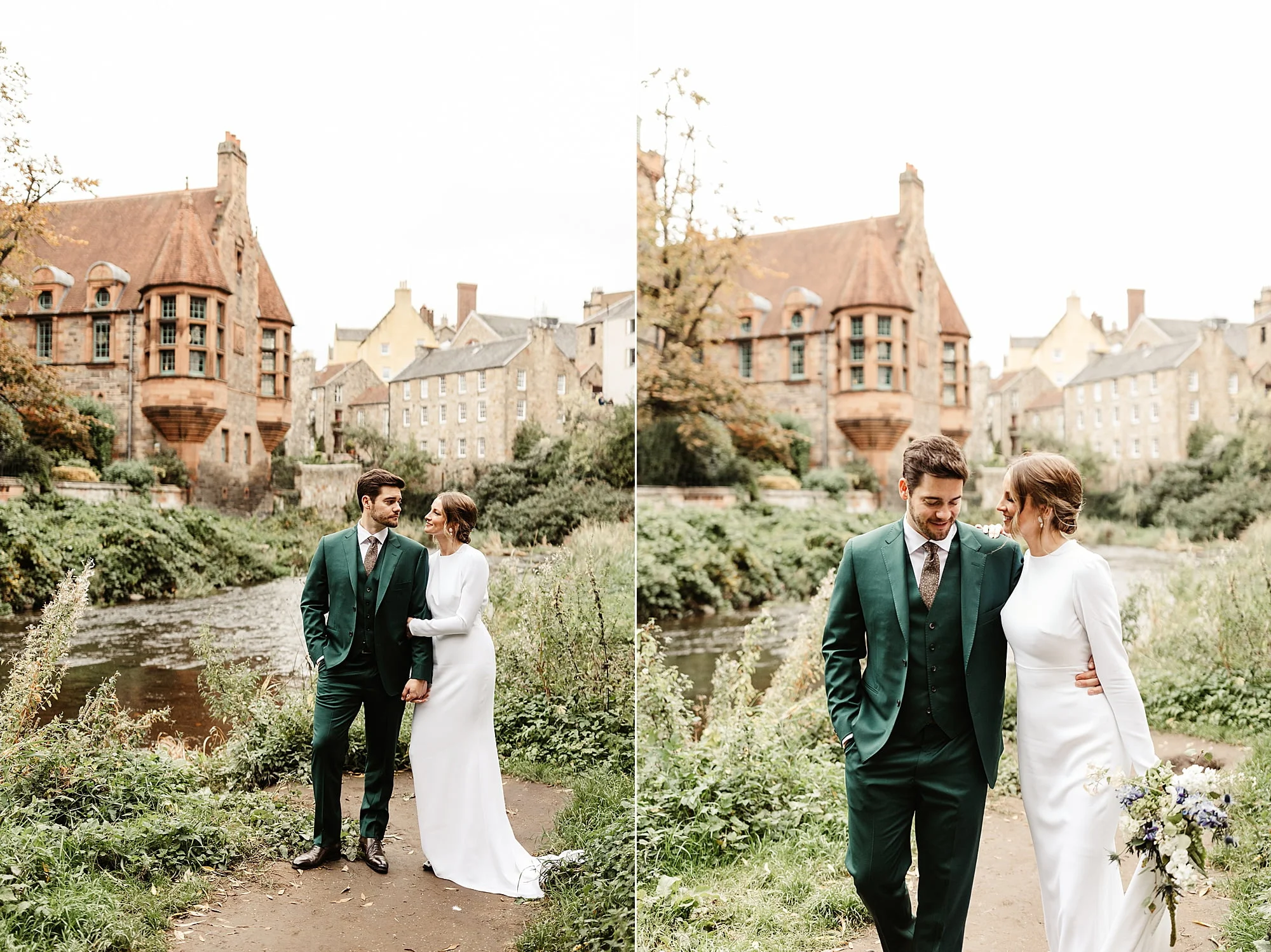 Edinburgh wedding photography couple photos Park and Fifth Co dress bride and groom Narcissus Flowers dean village