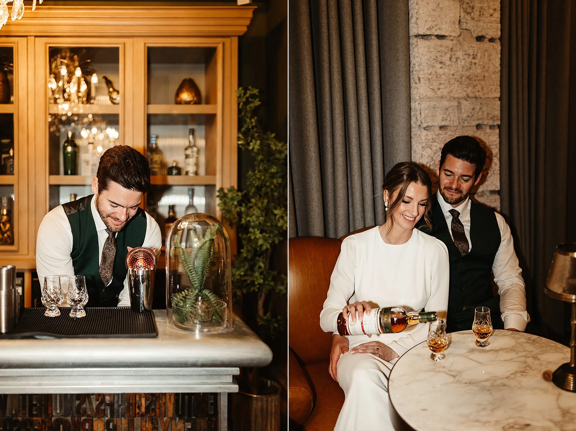 bride and groom drinking whisky cocktail bar edinburgh photography portraits