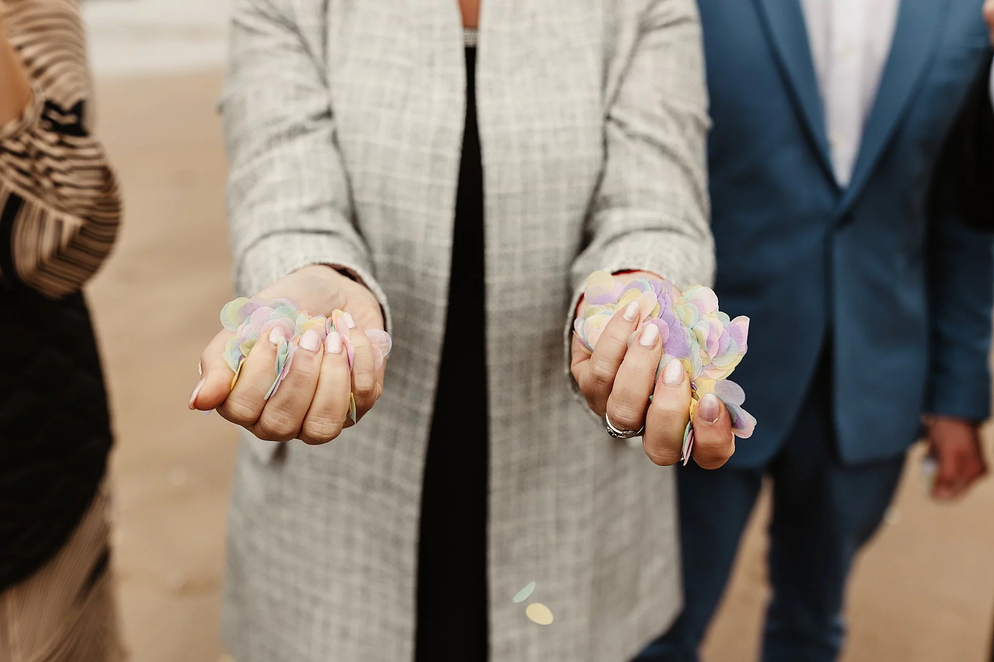 seacliff beach micro wedding ceremony confetti throw