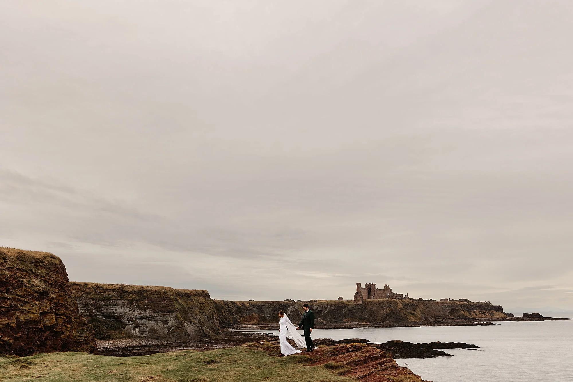 seacliff beach micro wedding bride and groom photography portraits casual photos Tantallon Castle