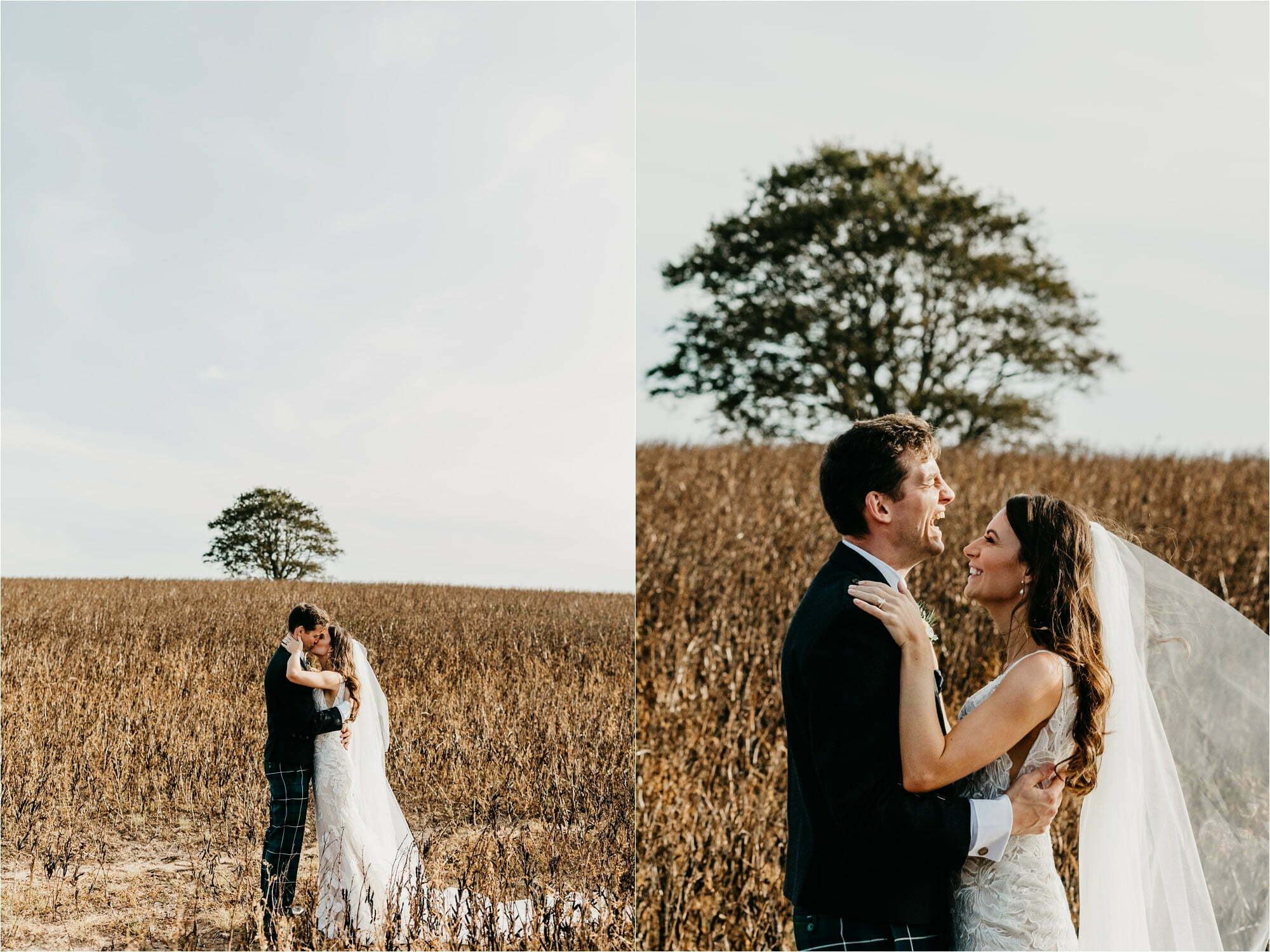 farm micro wedding scottish borders bride groom in field walking laughing portraits